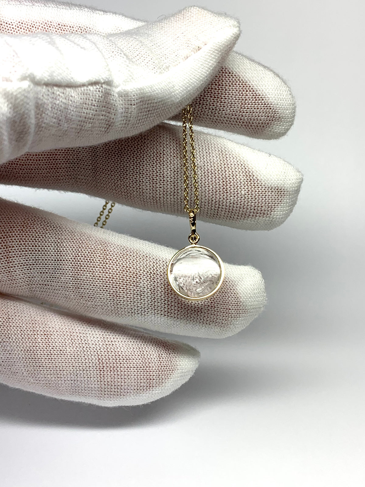14k Solid Yellow Gold, Clear Quartz, White Diamond “Moon and Star” Pendant, Carved Face, Small Size