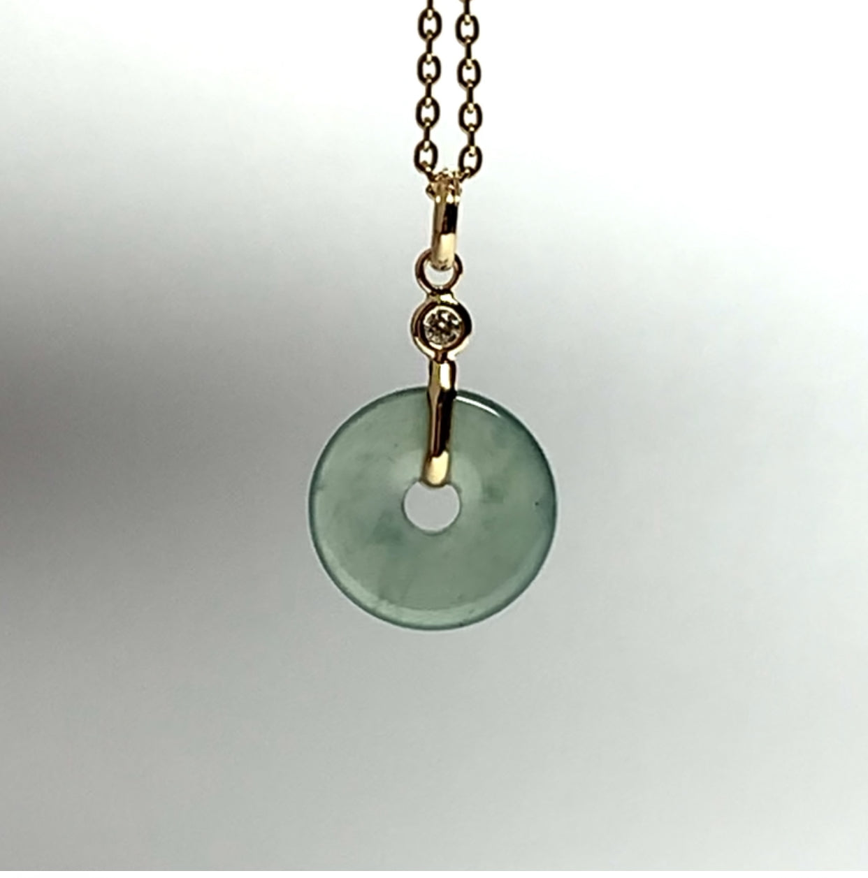 14k Solid Yellow Gold, White Diamond, Pale Green Jade “Donut” Pendant, Tiny Size