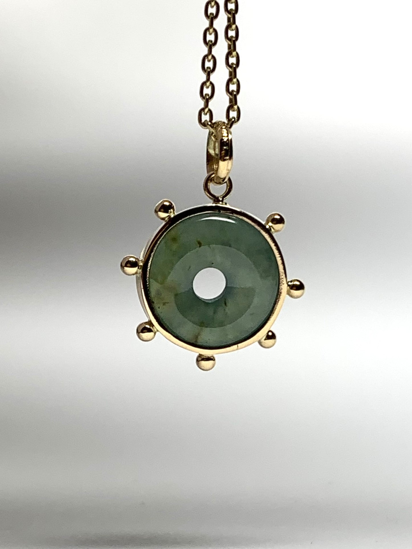 14k Solid Yellow Gold, Natural Green Jade Donut “Sun” Pendant, Mini Size