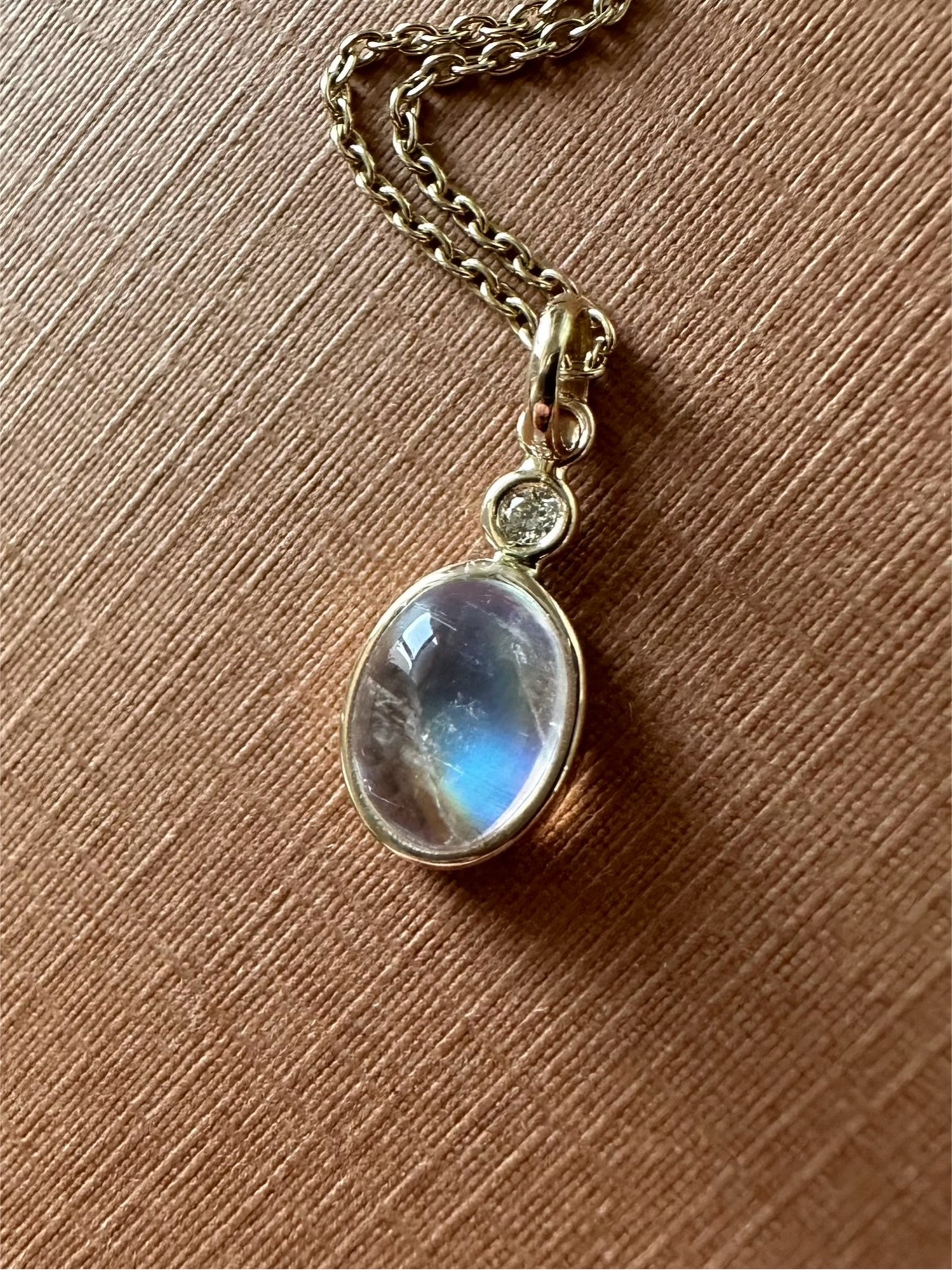 Tiny 14k Solid Yellow Gold, Diamond, Oval Blue Rainbow Moonstone Mini Pendant
