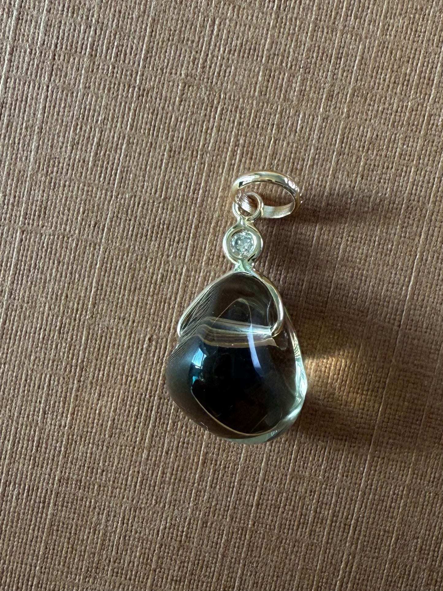 14k Solid Yellow Gold, Diamond, Dark Lemon Quartz Tumbled Nugget Bead Pendant, Mini Size