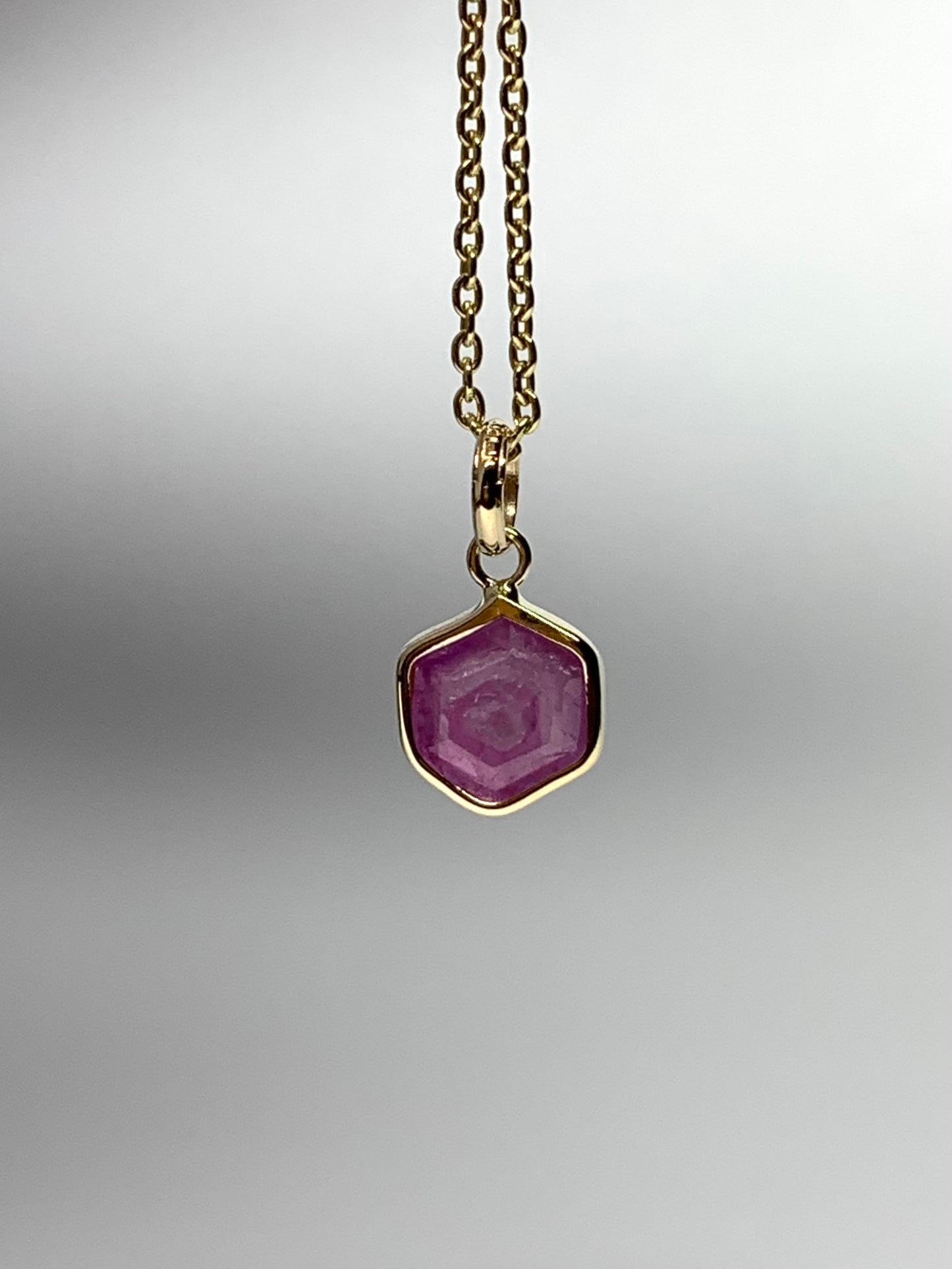14k Solid Yellow Gold, Natural Pink Opaque Sapphire Hexagon Pendant, Tiny Size