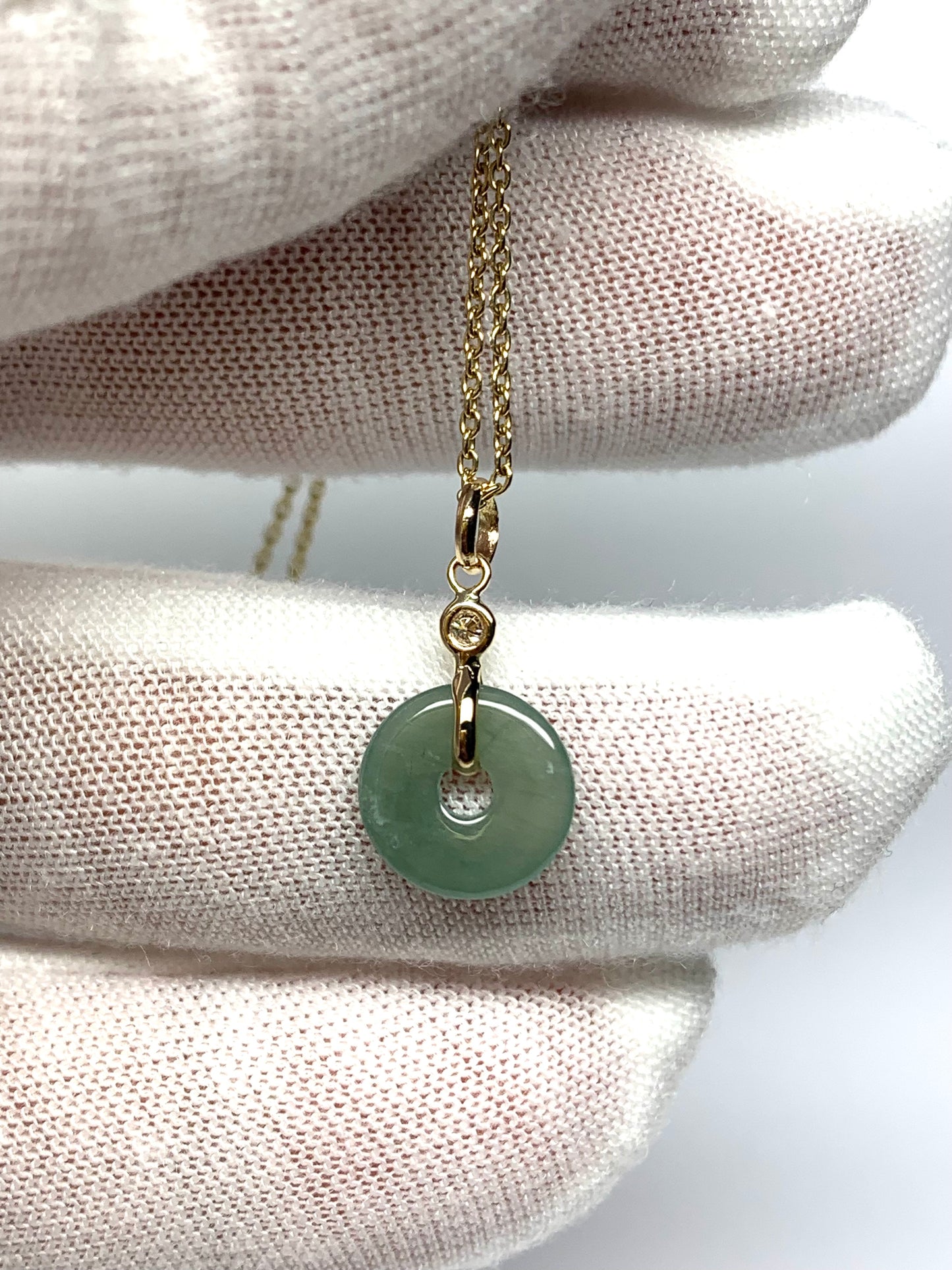 14k Solid Yellow Gold, White Diamond, Pale Green Jade “Donut” Pendant, Tiny Size