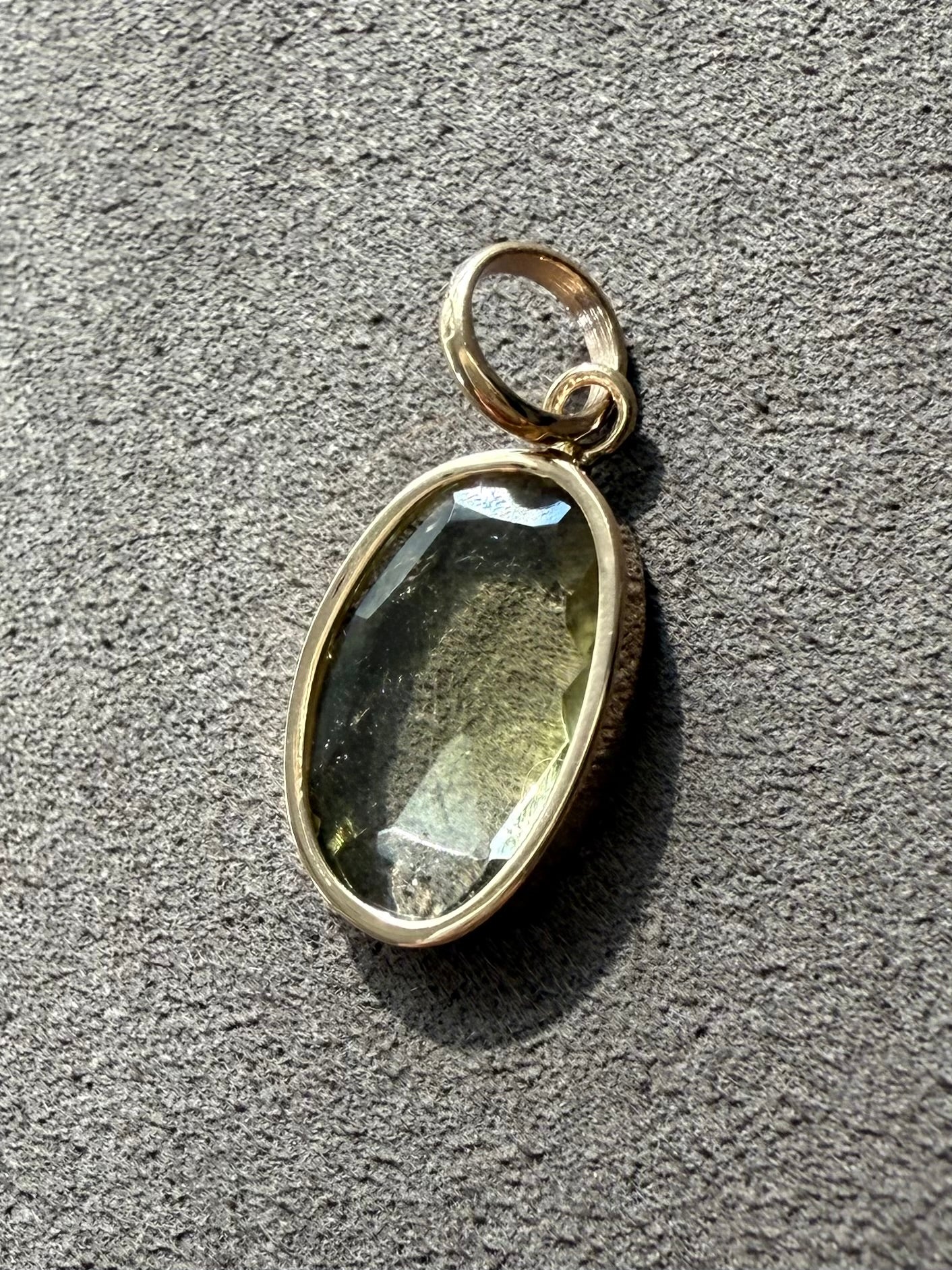 14k Solid Yellow Gold, Natural Light Khaki Green Tourmaline Mini Pendant