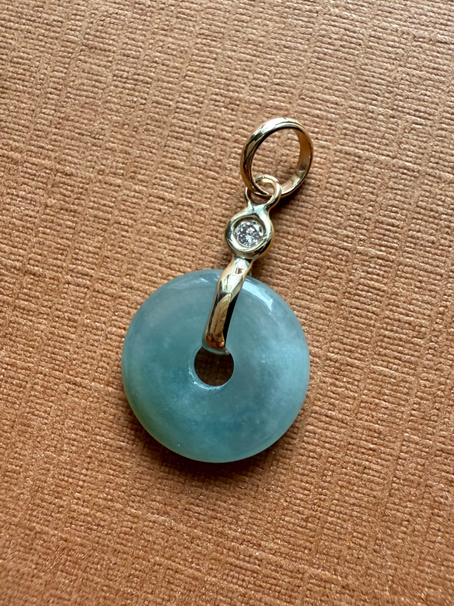 14k Solid Yellow Gold, White Diamond, Pale Green Jade “Donut” Pendant, Tiny Size