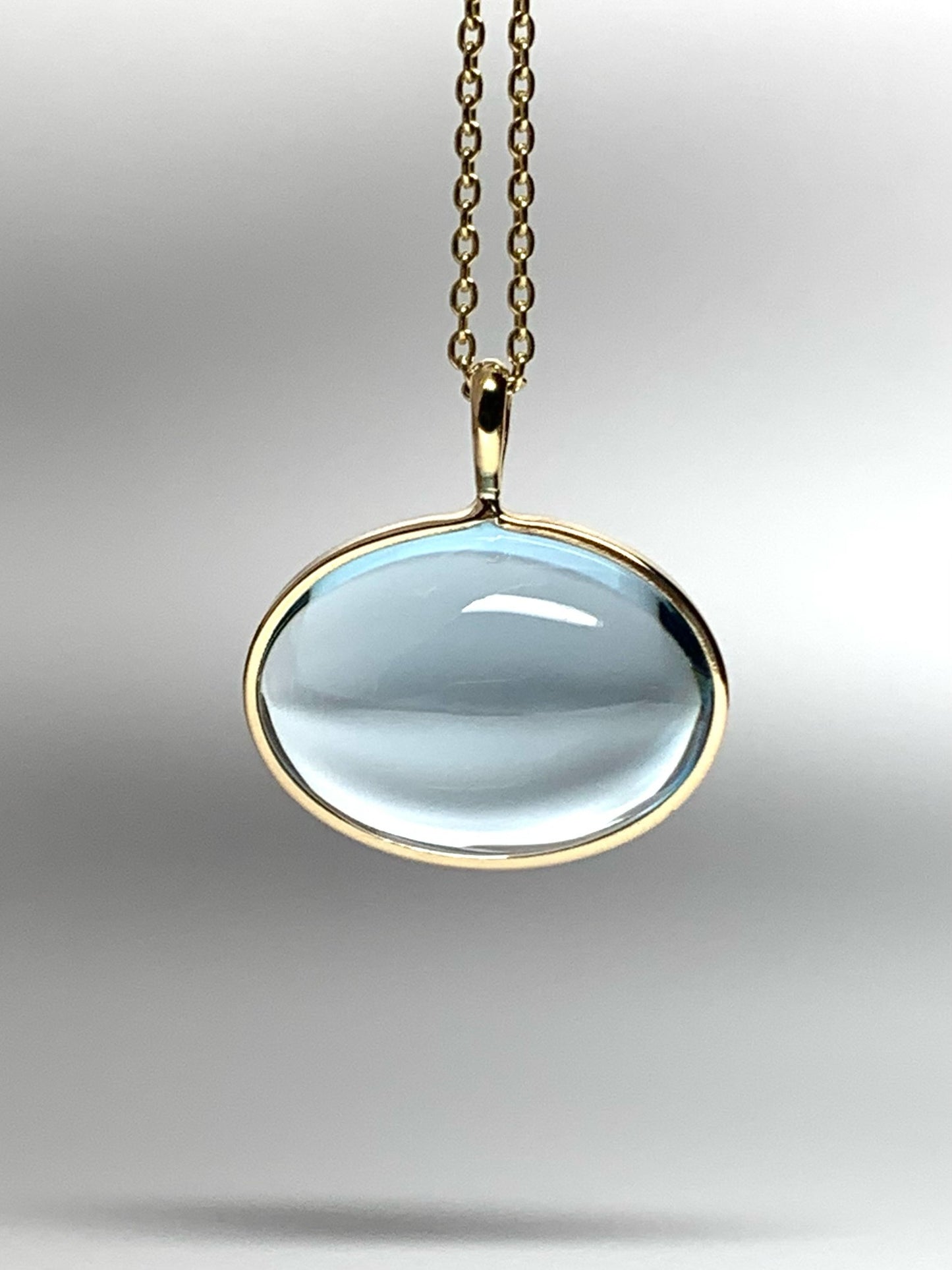 14k Solid Yellow Gold, Blue Topaz Oval Cabochon Pendant, Small Size