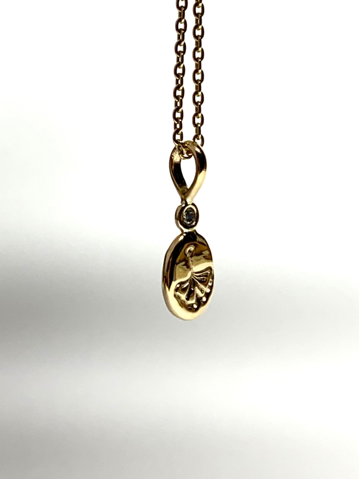 14K Solid Yellow Gold Nugget “Ginkgo” Mini Pendant, White Diamond, Tiny Charm