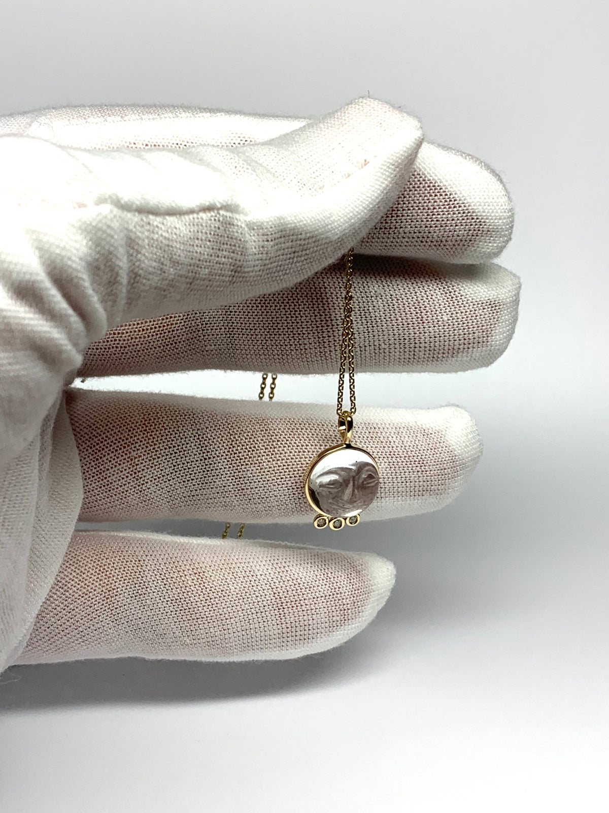14k Solid Yellow Gold, Clear Quartz, White Diamonds “Moon and Stars” Pendant, Carved Face, Small Size