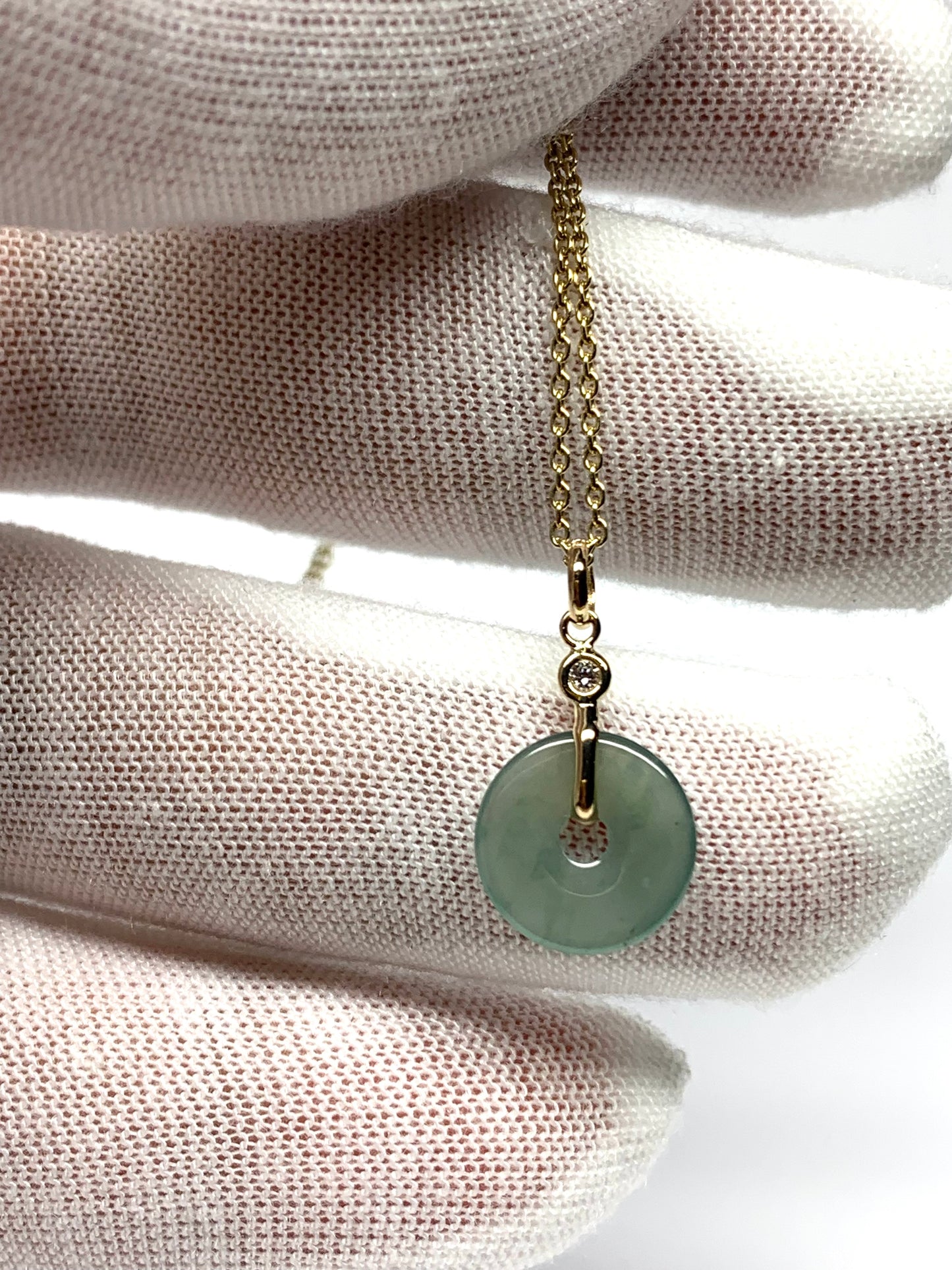 14k Solid Yellow Gold, White Diamond, Pale Green Jade “Donut” Pendant, Tiny Size