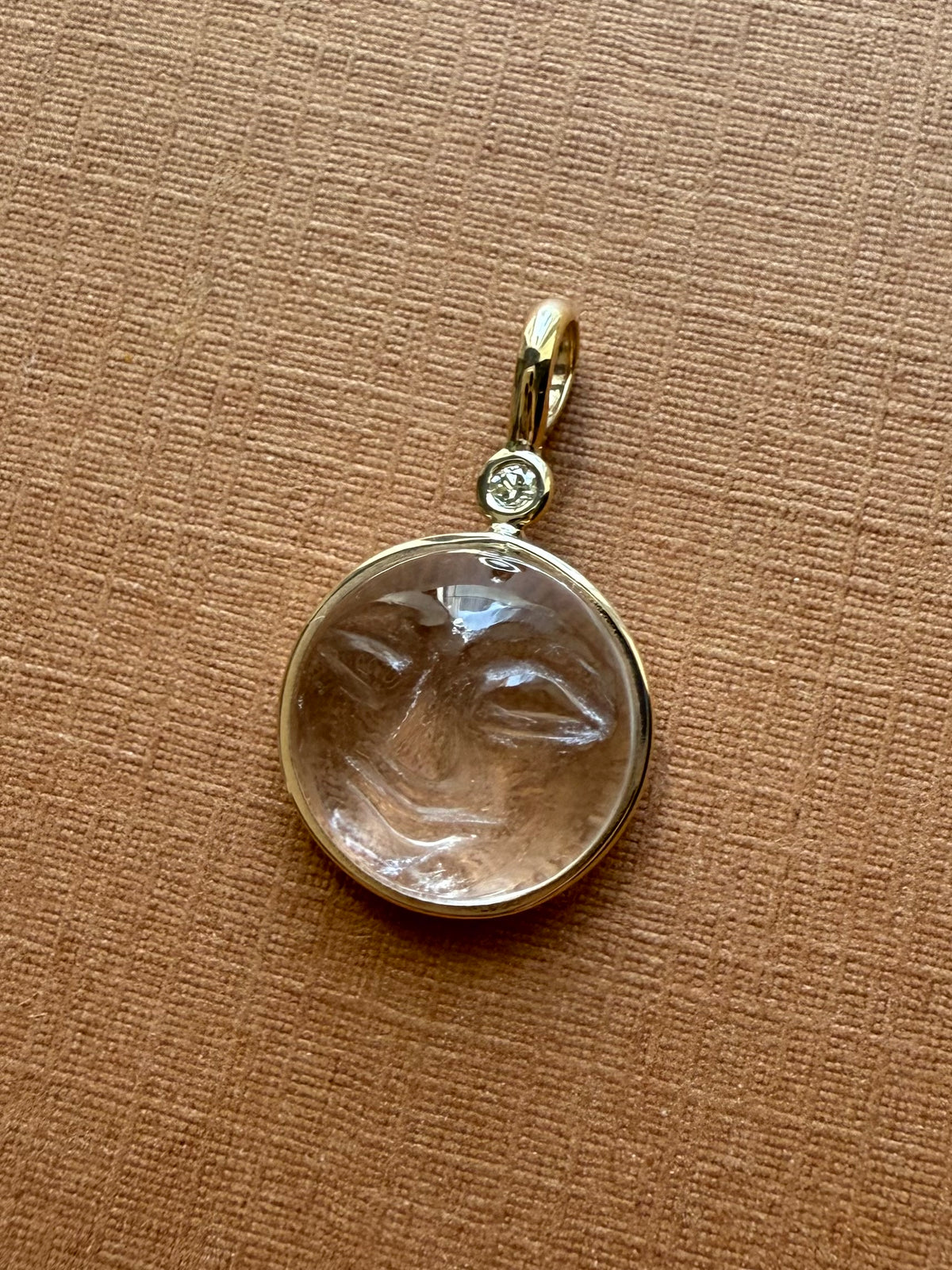 14k Solid Yellow Gold, Clear Quartz, White Diamond “Moon and Star” Pendant, Carved Face, Small Size