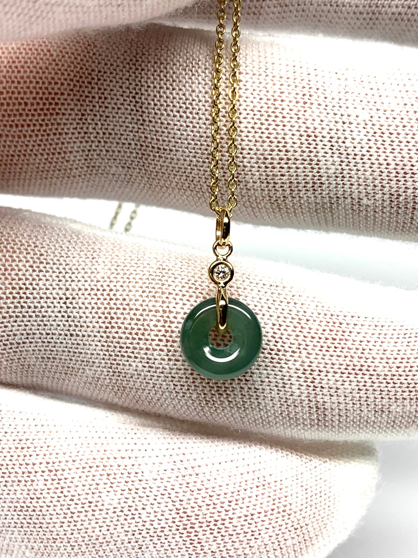 14k Solid Yellow Gold, White Diamond, Pale Green Jade “Donut” Pendant, Tiny Size