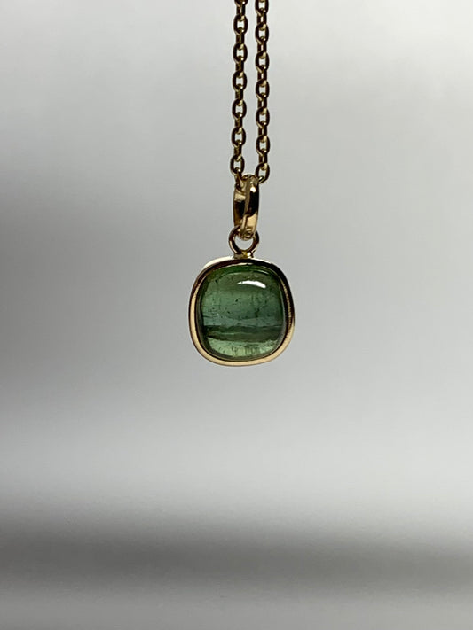 14k Solid Yellow Gold, Natural Green Tourmaline Cabochon Tiny Pendant