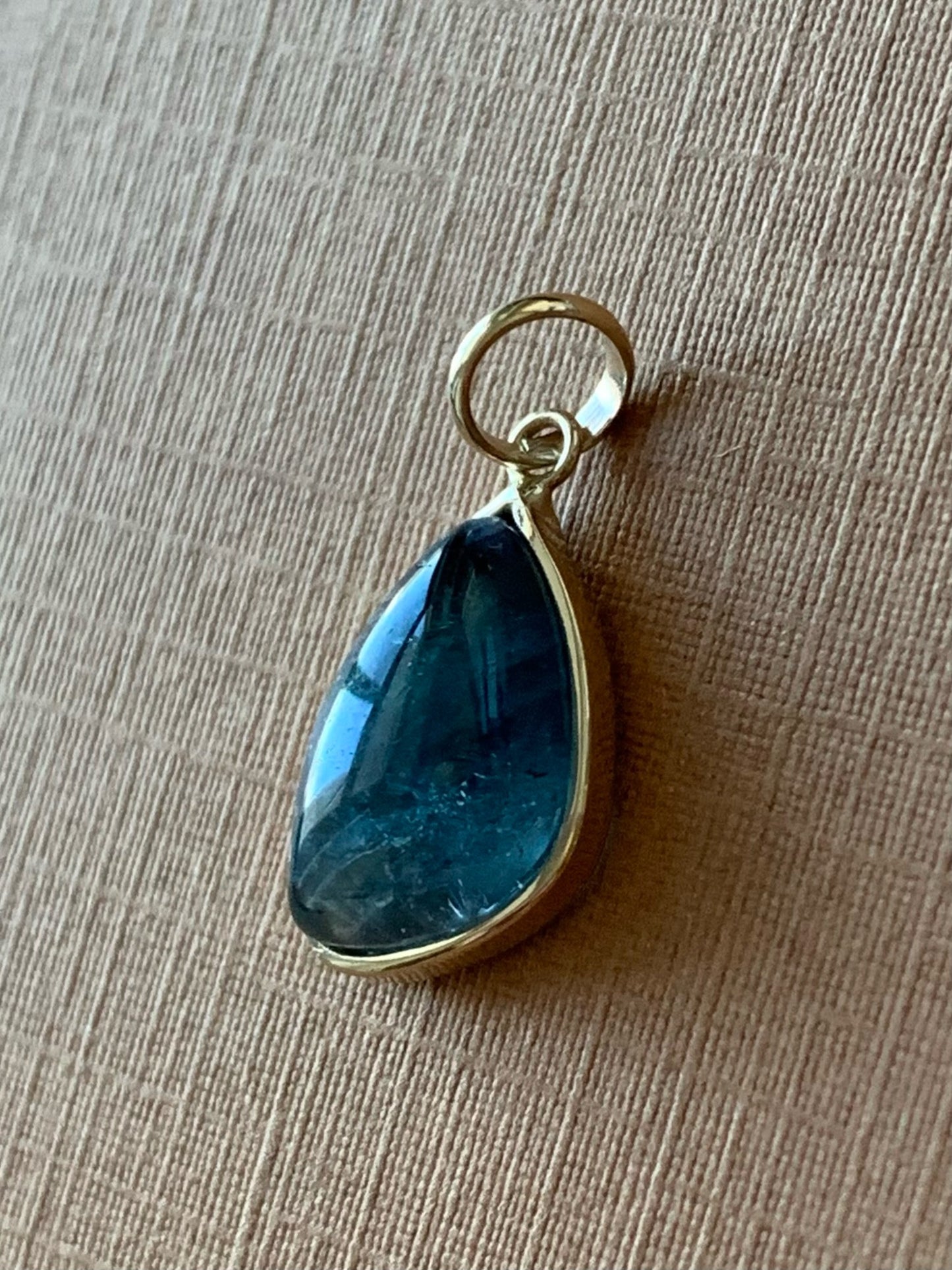 14k Solid Yellow Gold, Natural Blue Tourmaline Cabochon Pendant