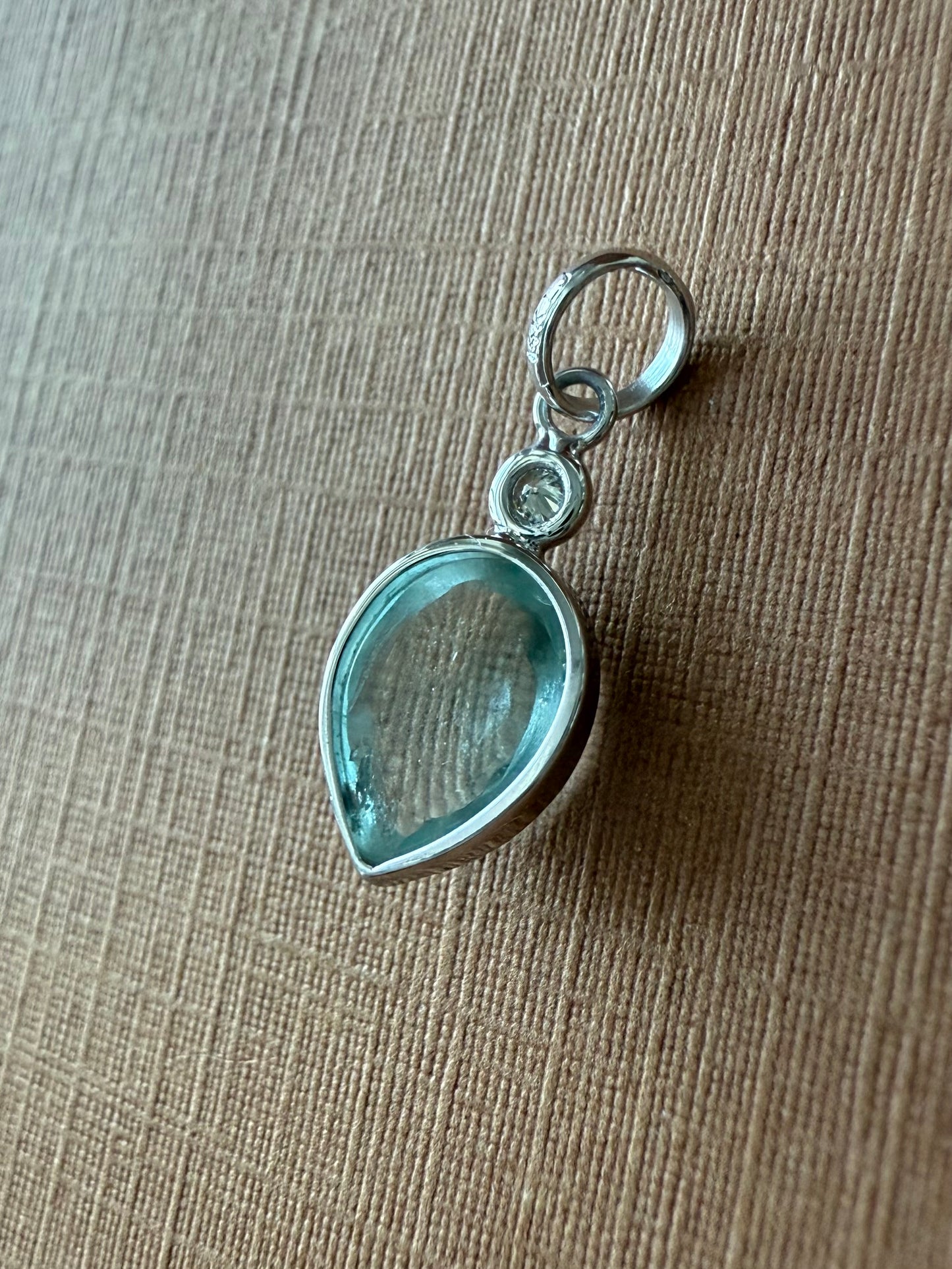 14k Solid White Gold, Diamond, Pale Blue Aquamarine Pear Cabochon Pendant, Mini Size
