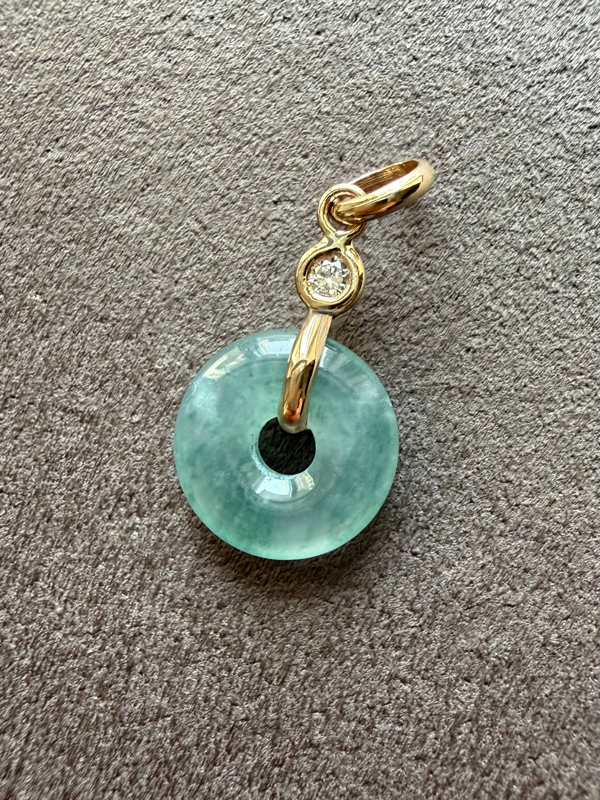 14k Solid Yellow Gold, White Diamond, Green Jade “Donut” Pendant, Tiny Size