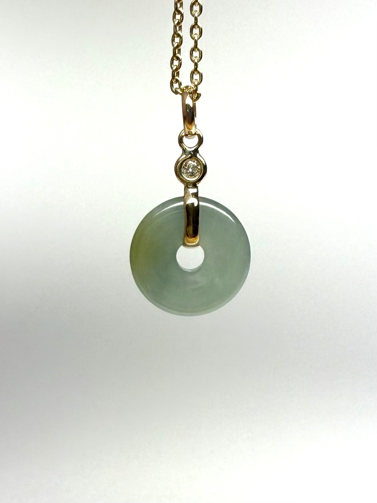 14k Solid Yellow Gold, White Diamond, Pale Green Jade “Donut” Pendant, Tiny Size
