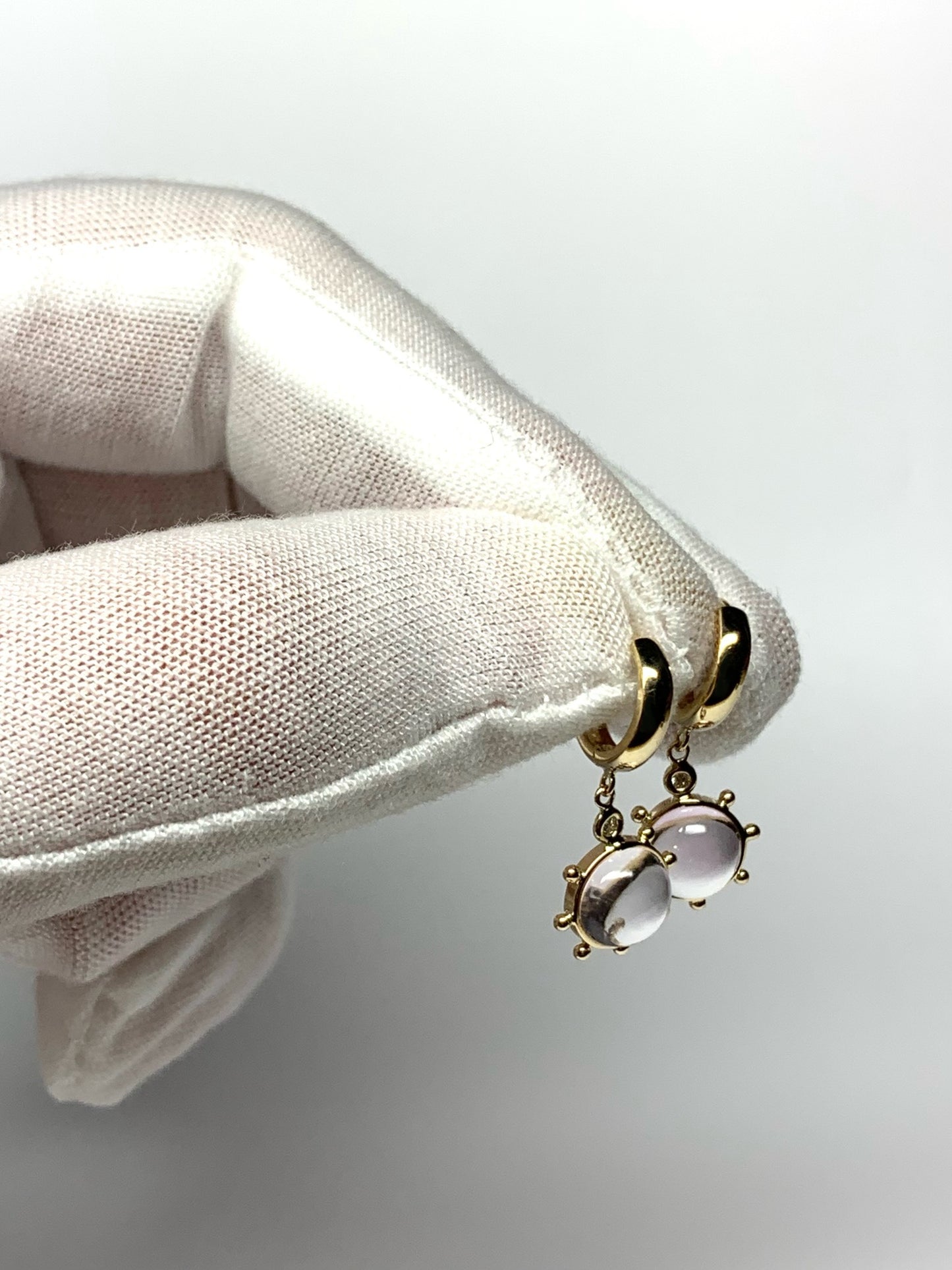 14k Solid Yellow Gold, Diamonds, Pale Pink Amethyst “Sun” Mini Earrings
