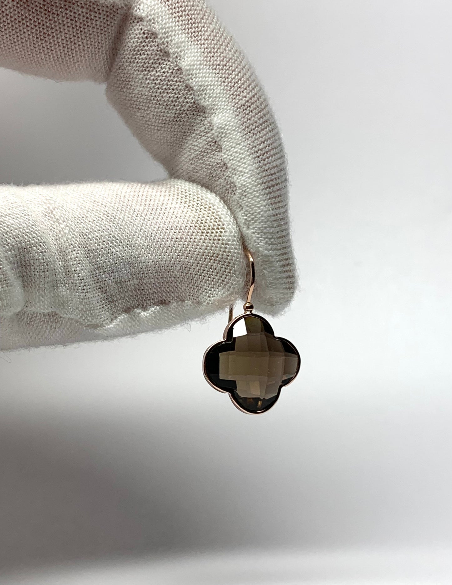 14k Solid Rose Gold Smoky Quartz “Clover” Earrings, Checkerboard Cut, Fish Hook Ear Wires