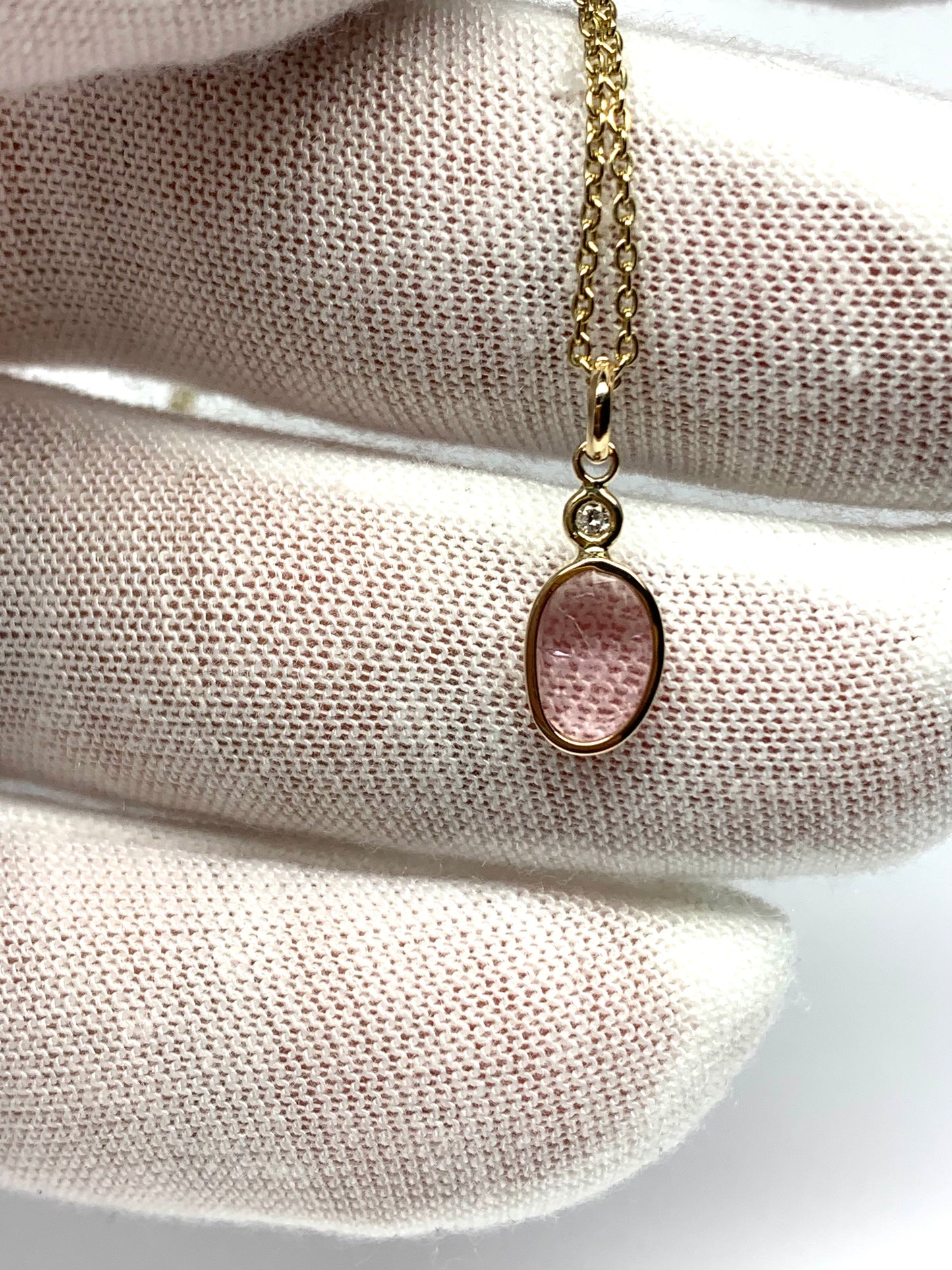14k Solid Yellow Gold, White Diamond, Pink Tourmaline Tiny Pendant