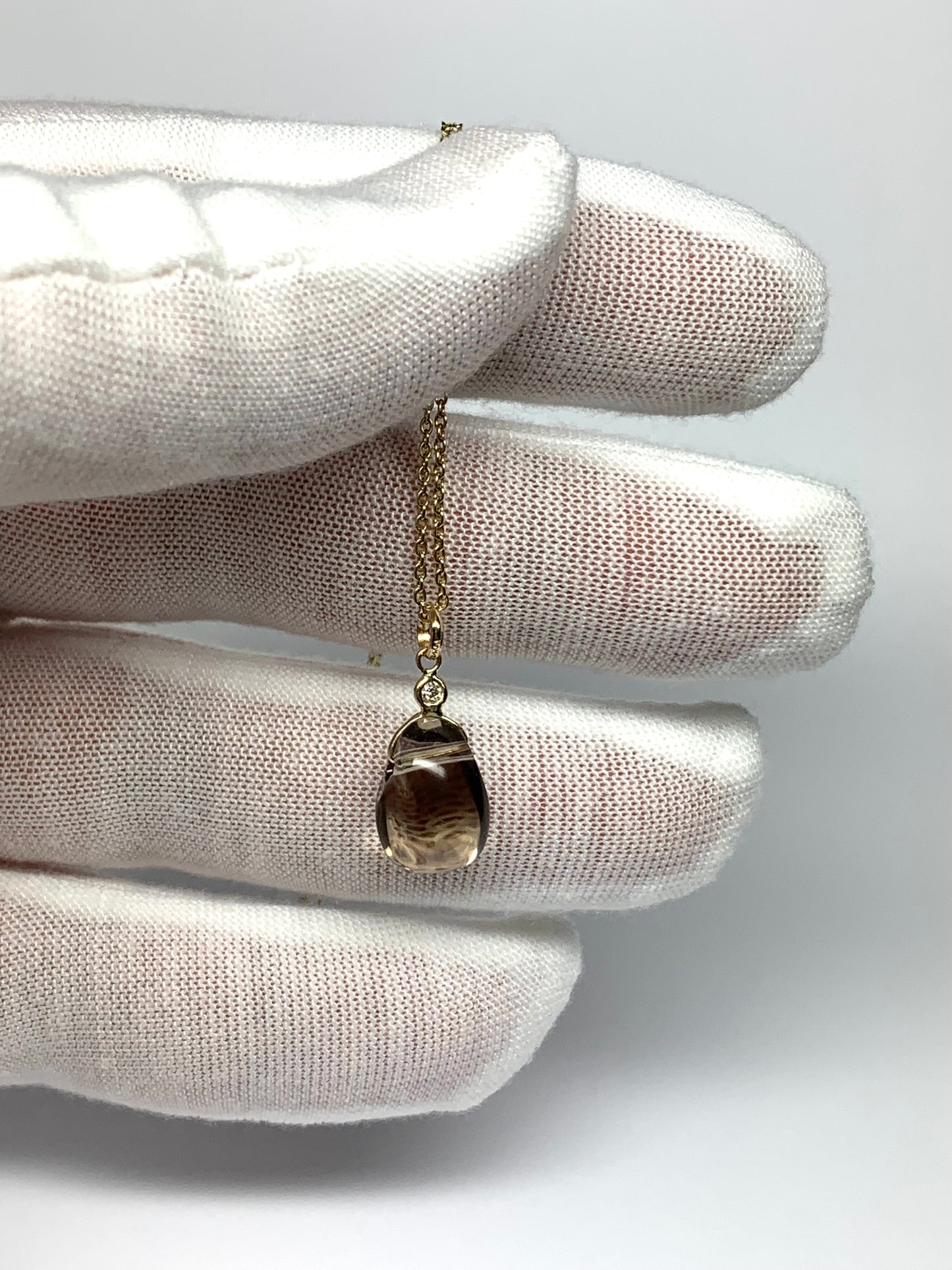 14k Solid Yellow Gold, Diamond, Smoky Quartz Tumbled Nugget Bead Pendant, Mini Size