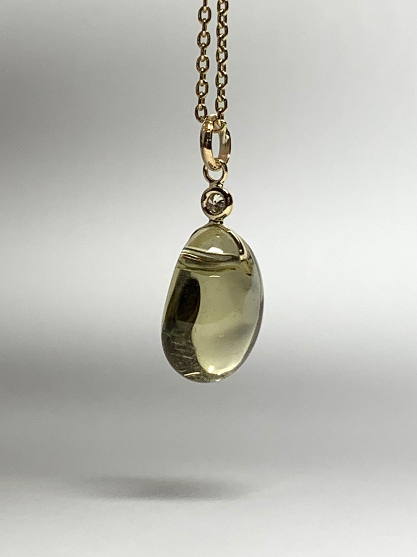 14k Solid Yellow Gold, Diamond, Lemon Quartz Tumbled Nugget Bead Pendant, Mini Size