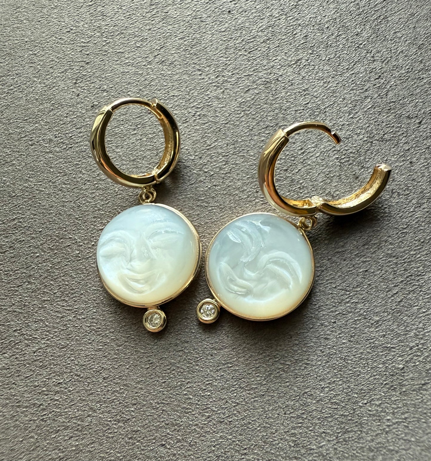 14k Solid Yellow Gold, Diamonds, White Moonstone “Moon and Star” Mini Earrings