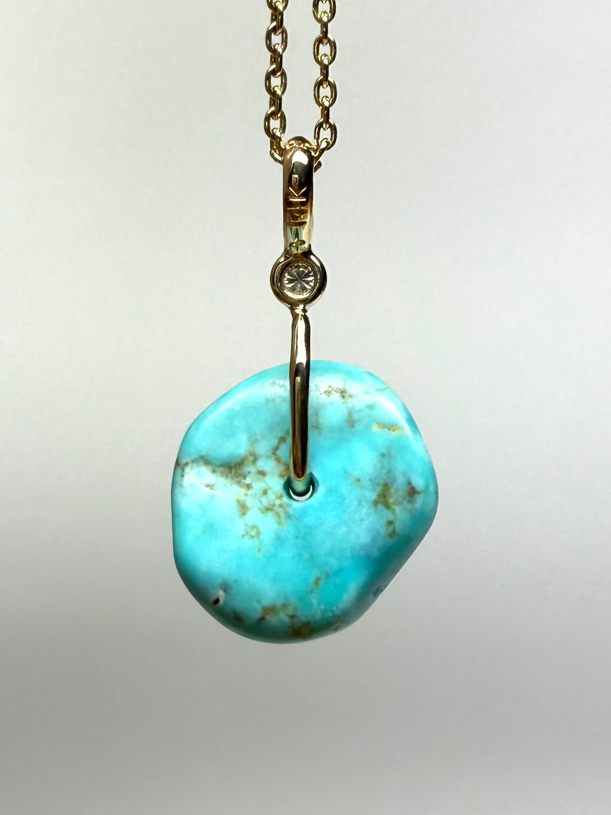 14K Solid Yellow Gold, White Diamond, Blue Turquoise “Donut” Mini Pendant