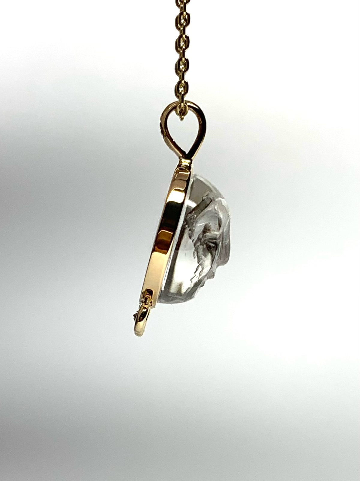 14k Solid Yellow Gold, Clear Quartz, White Diamonds “Moon and Stars” Pendant, Carved Face, Small Size