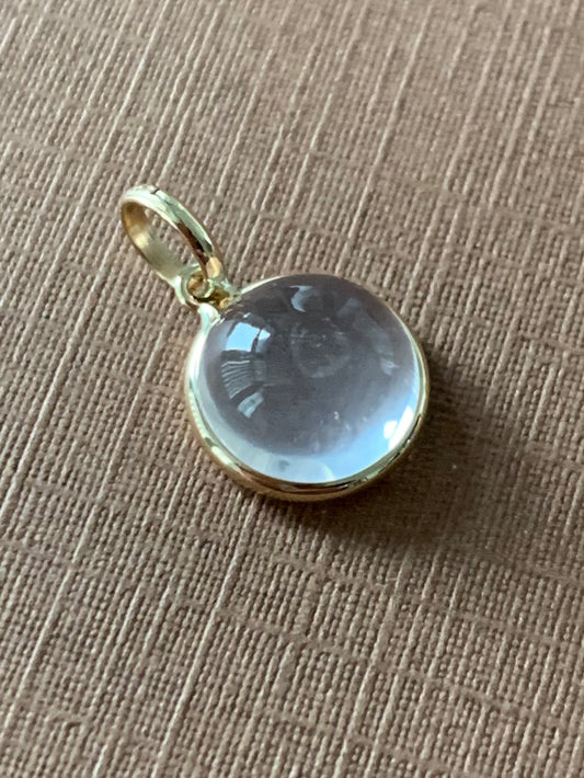 14k Solid Yellow Gold, Pink Quartz Round Cabochon Mini Pendant