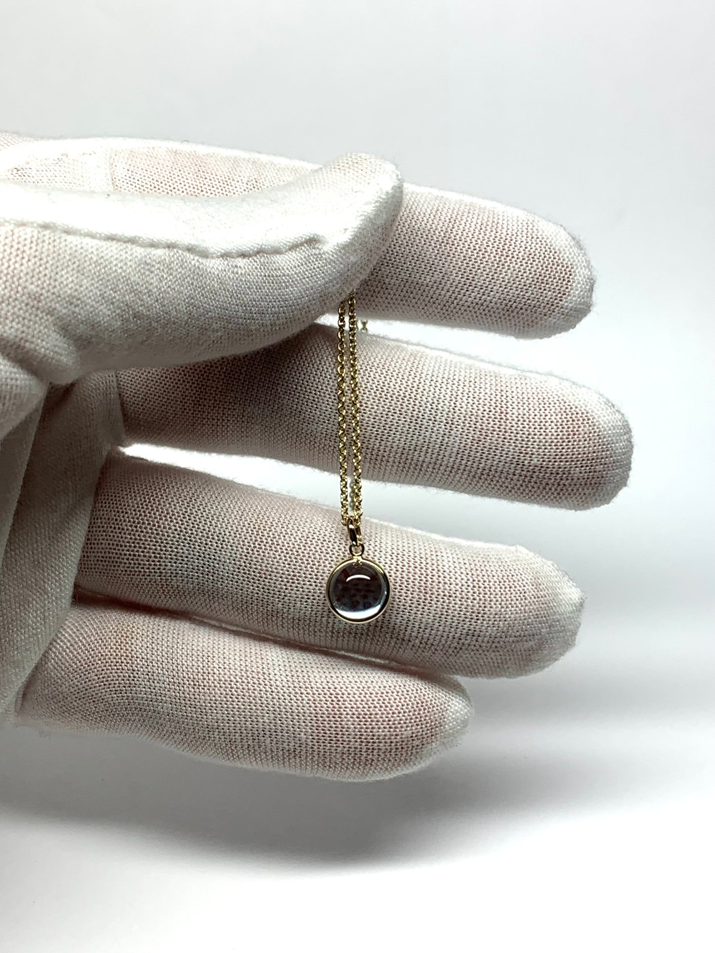 14k Solid Yellow Gold, Blue Topaz Round Cabochon Mini Pendant