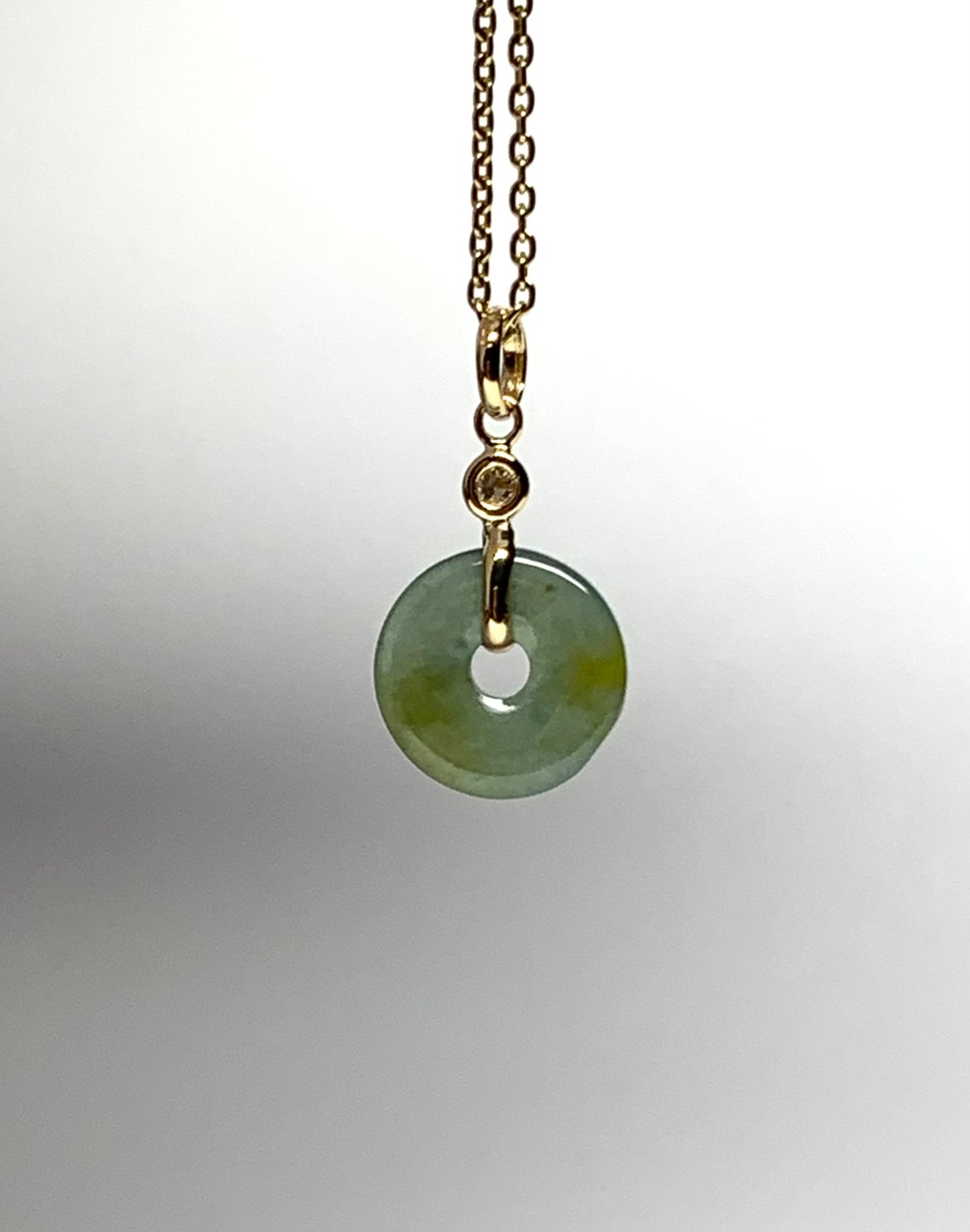 14k Solid Yellow Gold, White Diamond, Pale Green Jade “Donut” Pendant, Tiny Size