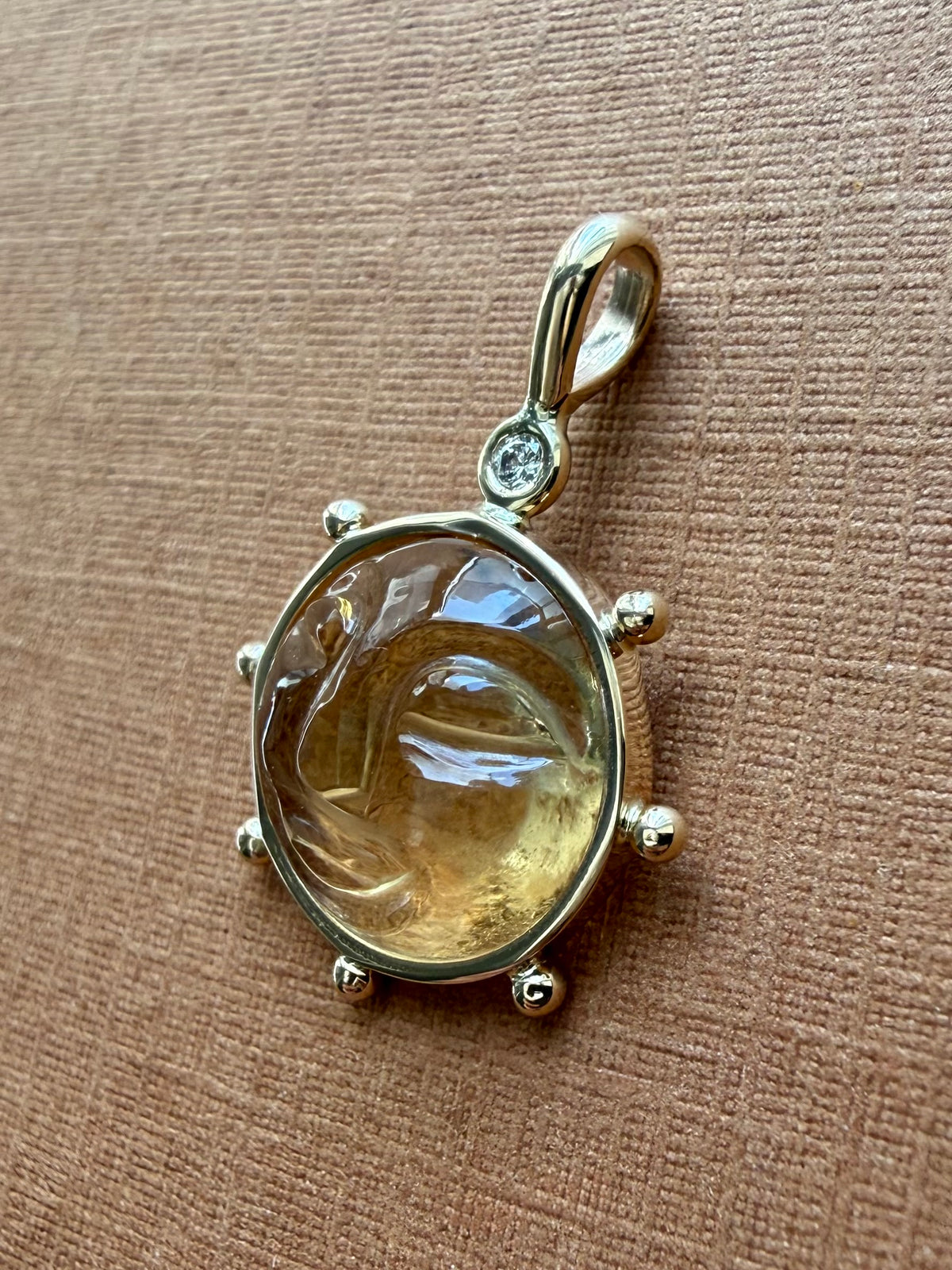 14k Solid Yellow Gold, White Diamond, Yellow Citrine “Sun” Pendant, Small Size