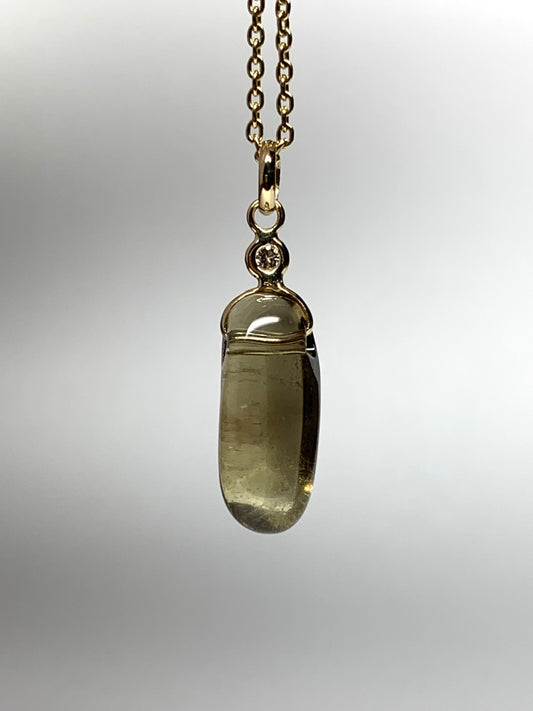 14k Solid Yellow Gold, Diamond, Lemon Quartz Tumbled Nugget Bead Pendant, Mini Size