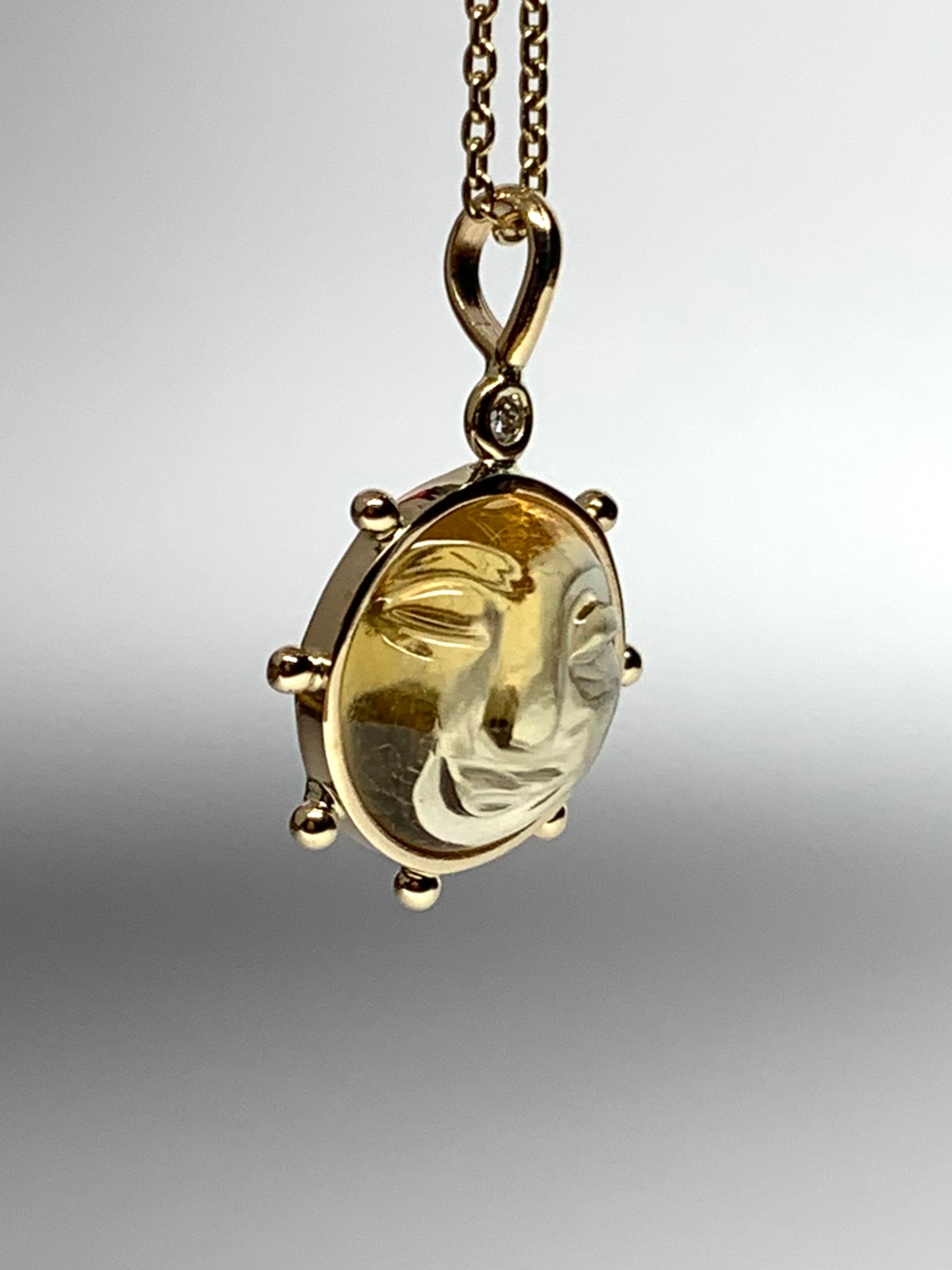 14k Solid Yellow Gold, White Diamond, Yellow Citrine “Sun” Pendant, Small Size