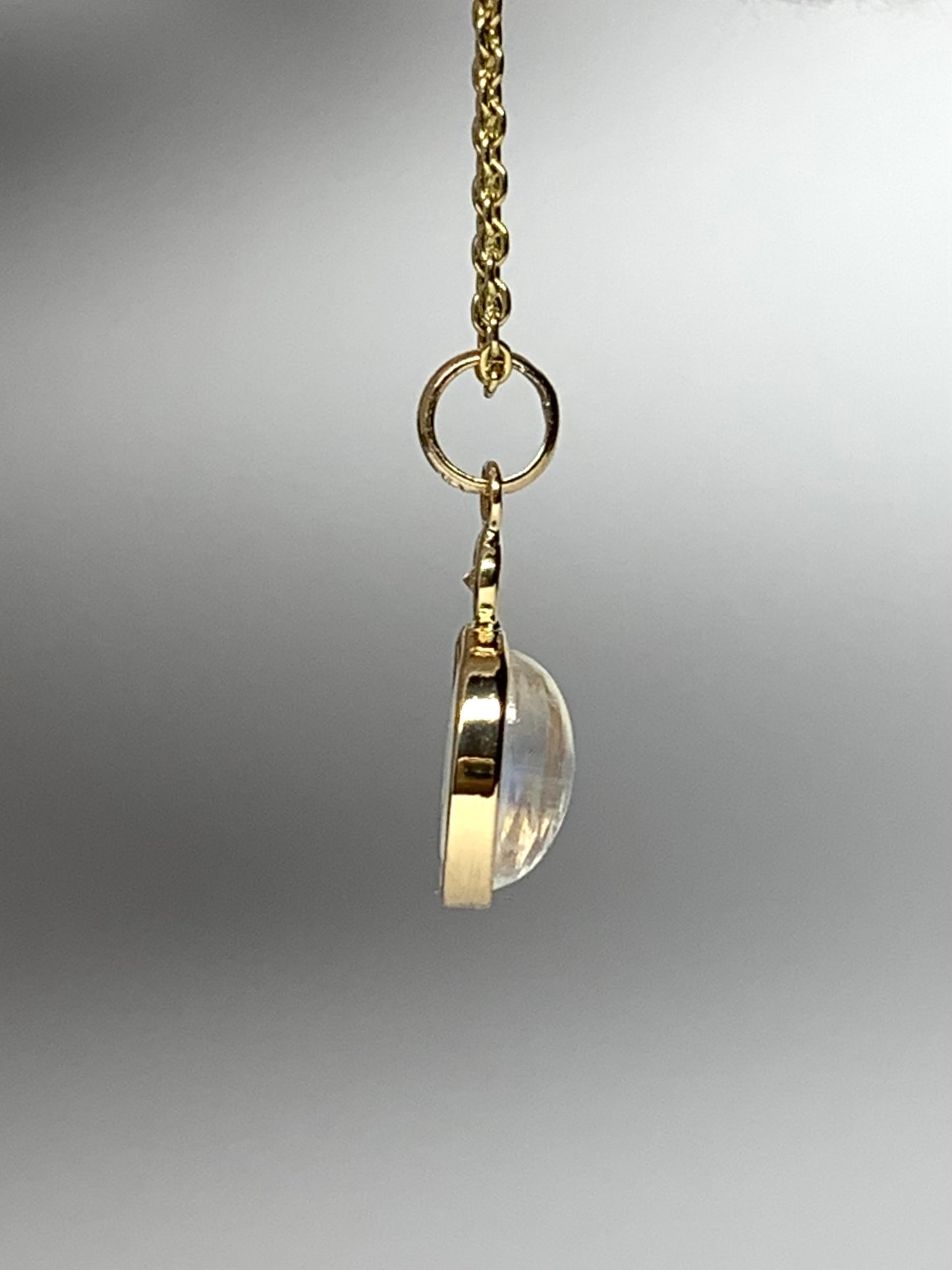 Tiny 14k Solid Yellow Gold, Diamond, Oval Blue Rainbow Moonstone Mini Pendant