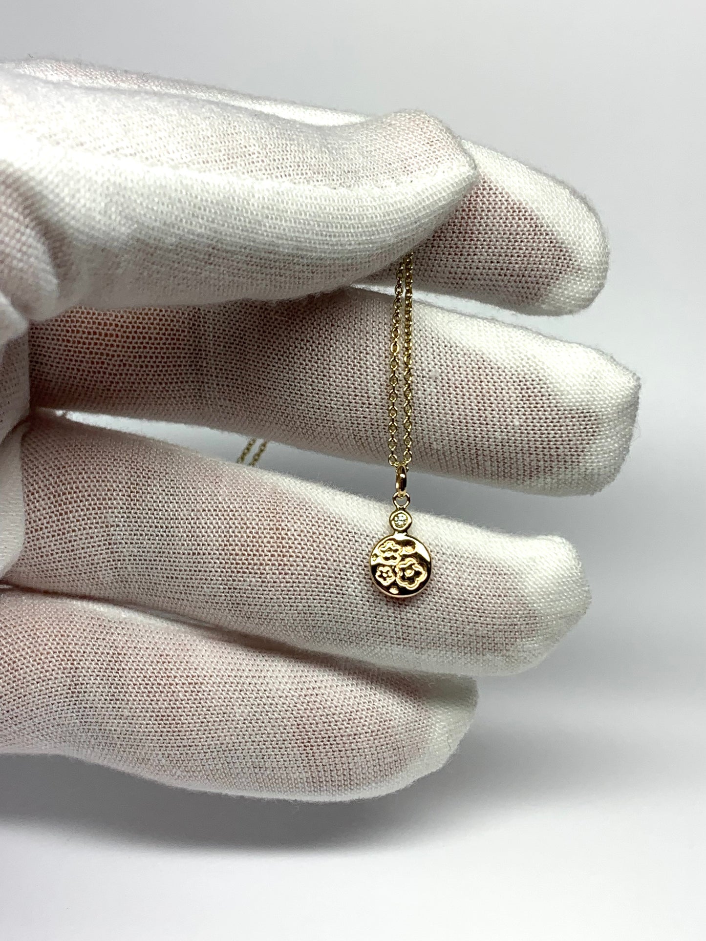 14K Solid Yellow Gold Nugget “Flowers” Mini Pendant, White Diamond, Tiny Charm