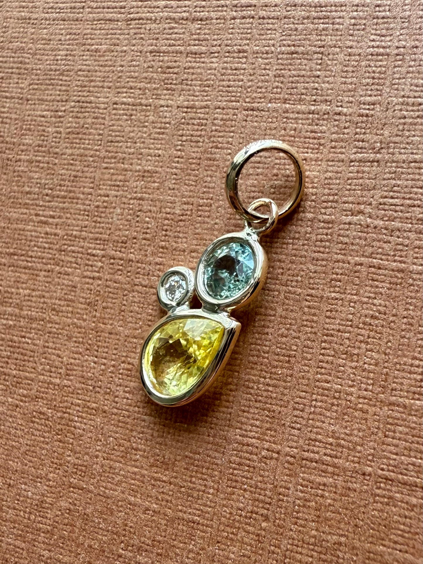 14K Solid Yellow Gold, Diamond, Multi Color Sapphires Cluster Pendant, Tiny Size