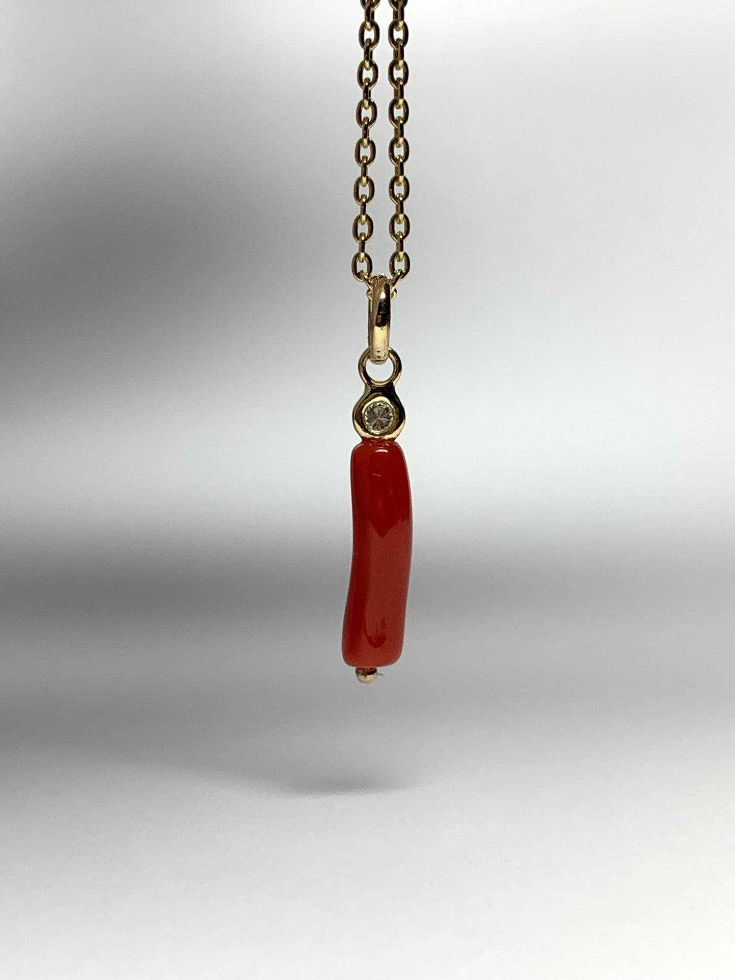 14k Solid Yellow Gold, Diamond, Red Coral Tiny Charm Pendant