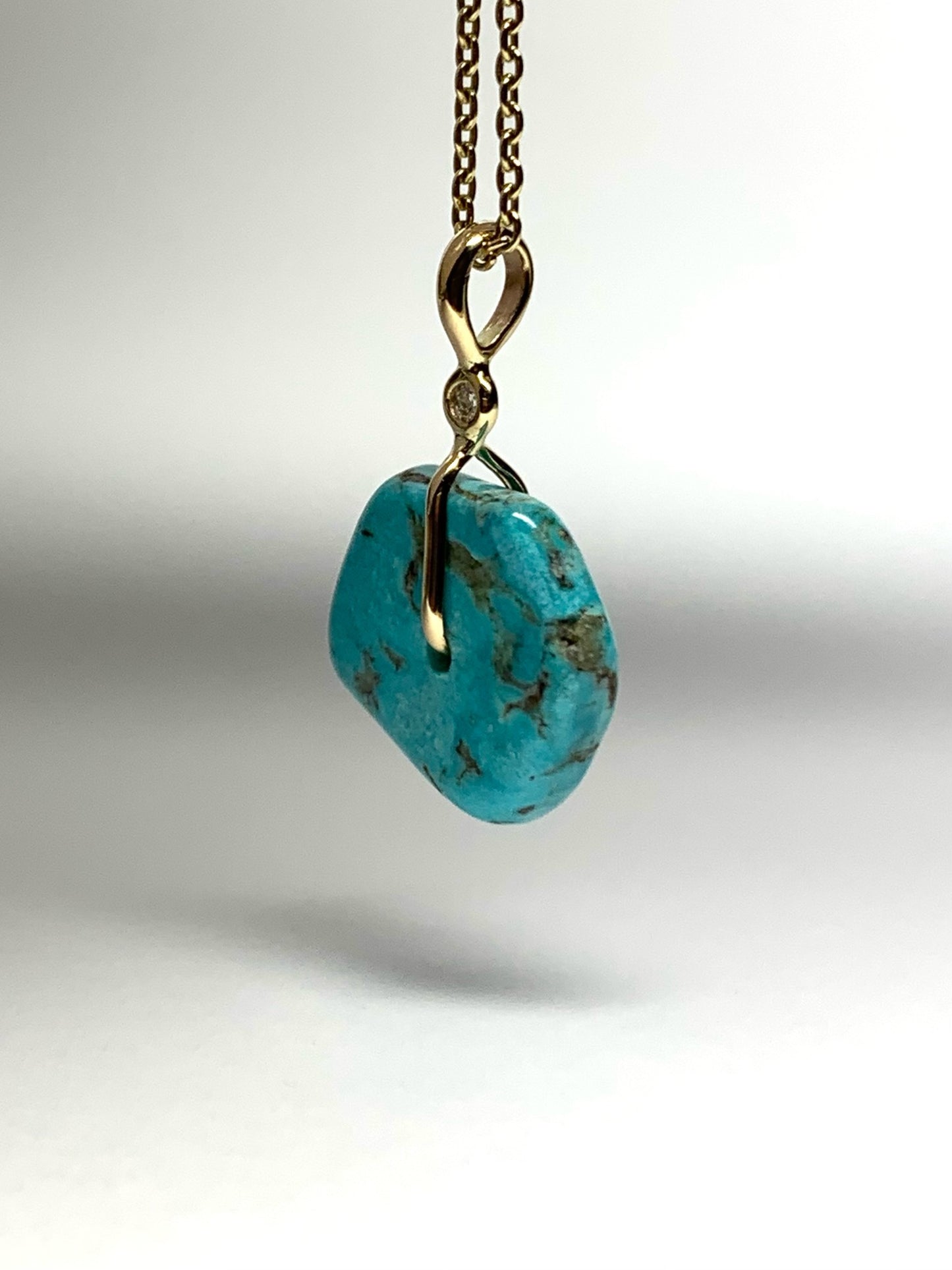 14K Solid Yellow Gold, White Diamond, Blue Turquoise “Donut” Mini Pendant