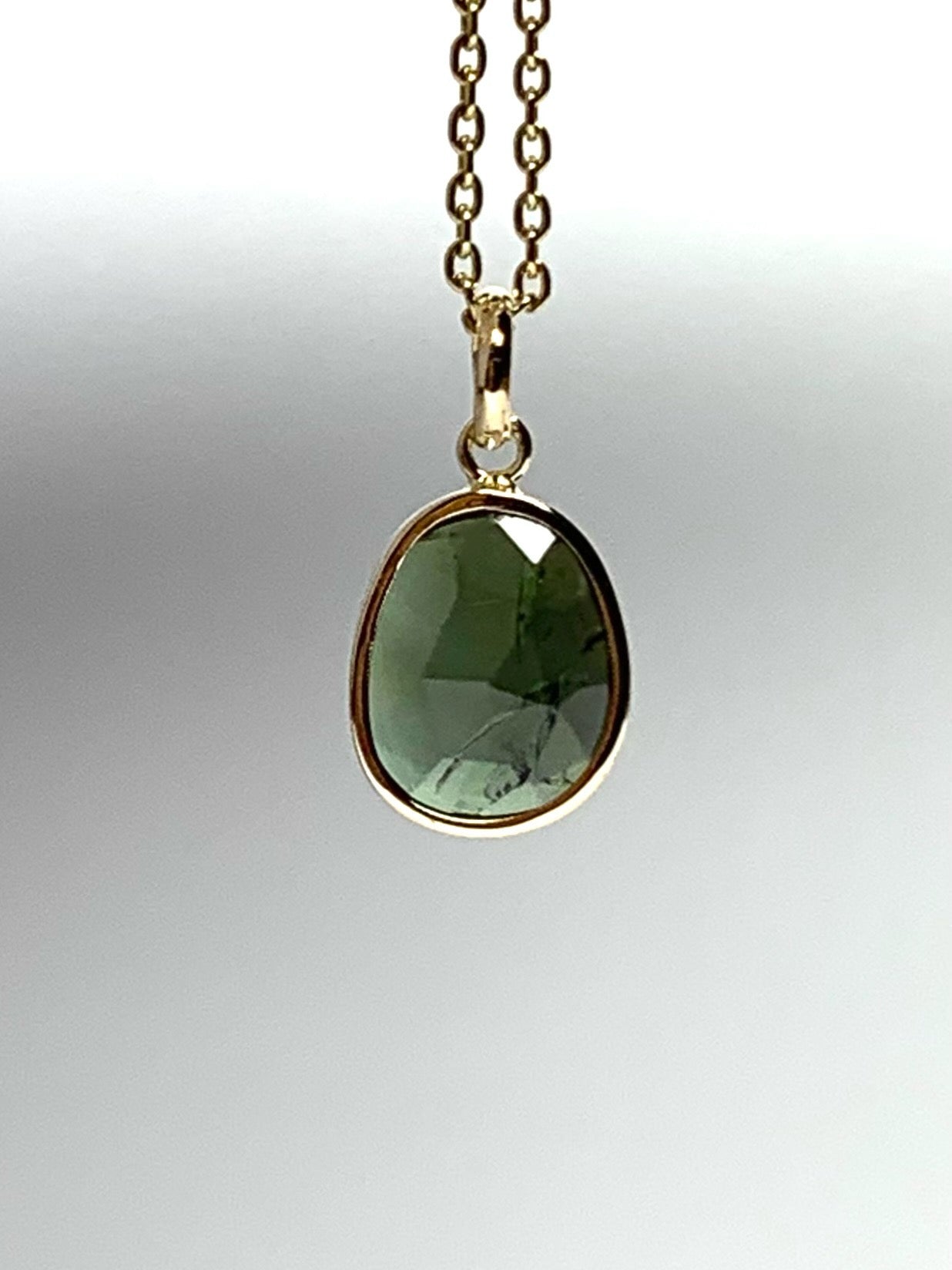 14k Solid Yellow Gold, Natural Dark Green Tourmaline Mini Pendant