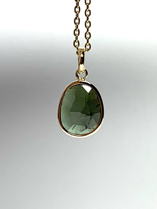 14k Solid Yellow Gold, Natural Dark Green Tourmaline Mini Pendant