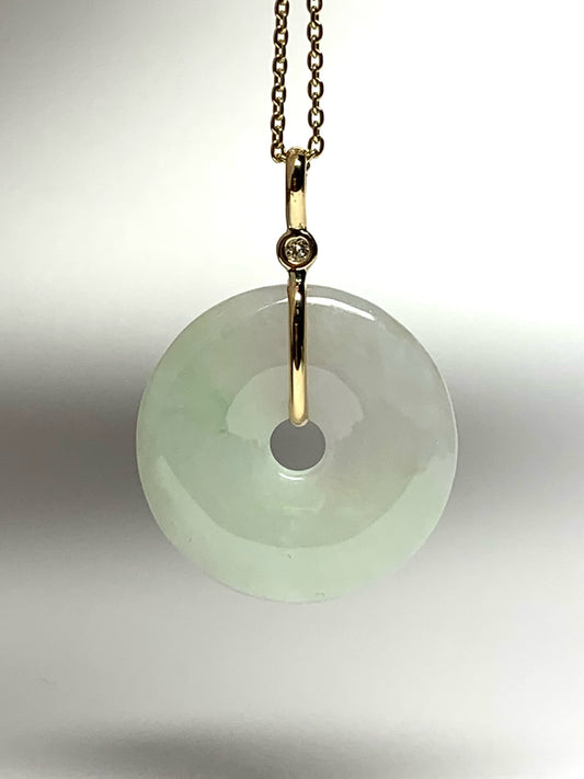 14k Solid Yellow Gold, Very Pale Green Jade “Donut”, White Diamond Pendant, Small Size
