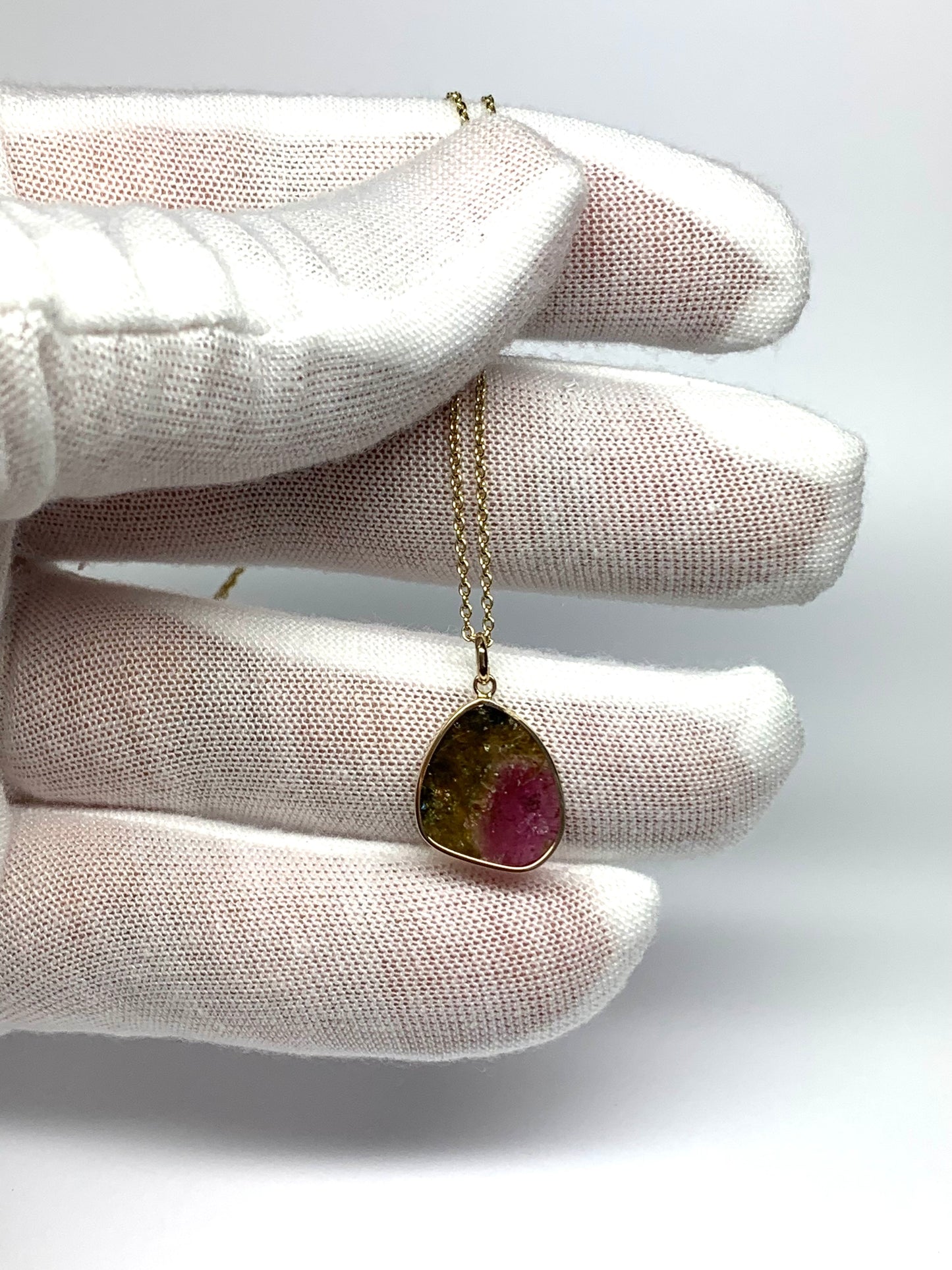 14k Solid Yellow Gold, Natural Pink Green Tourmaline Pendant