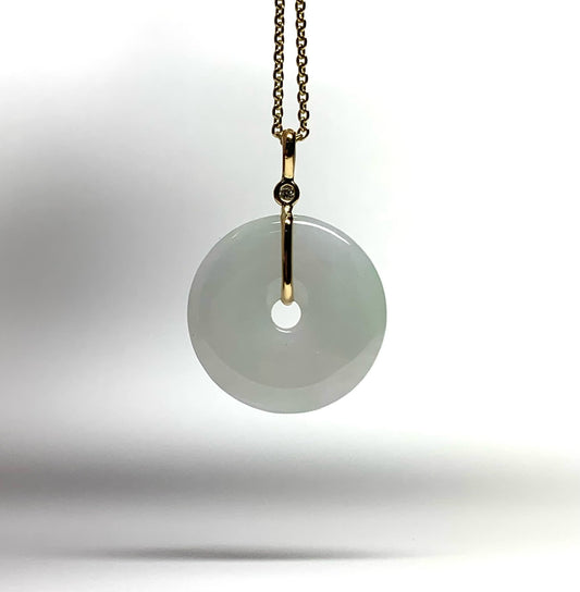 14k Solid Yellow Gold, Very Pale Green Jade “Donut”, White Diamond Pendant