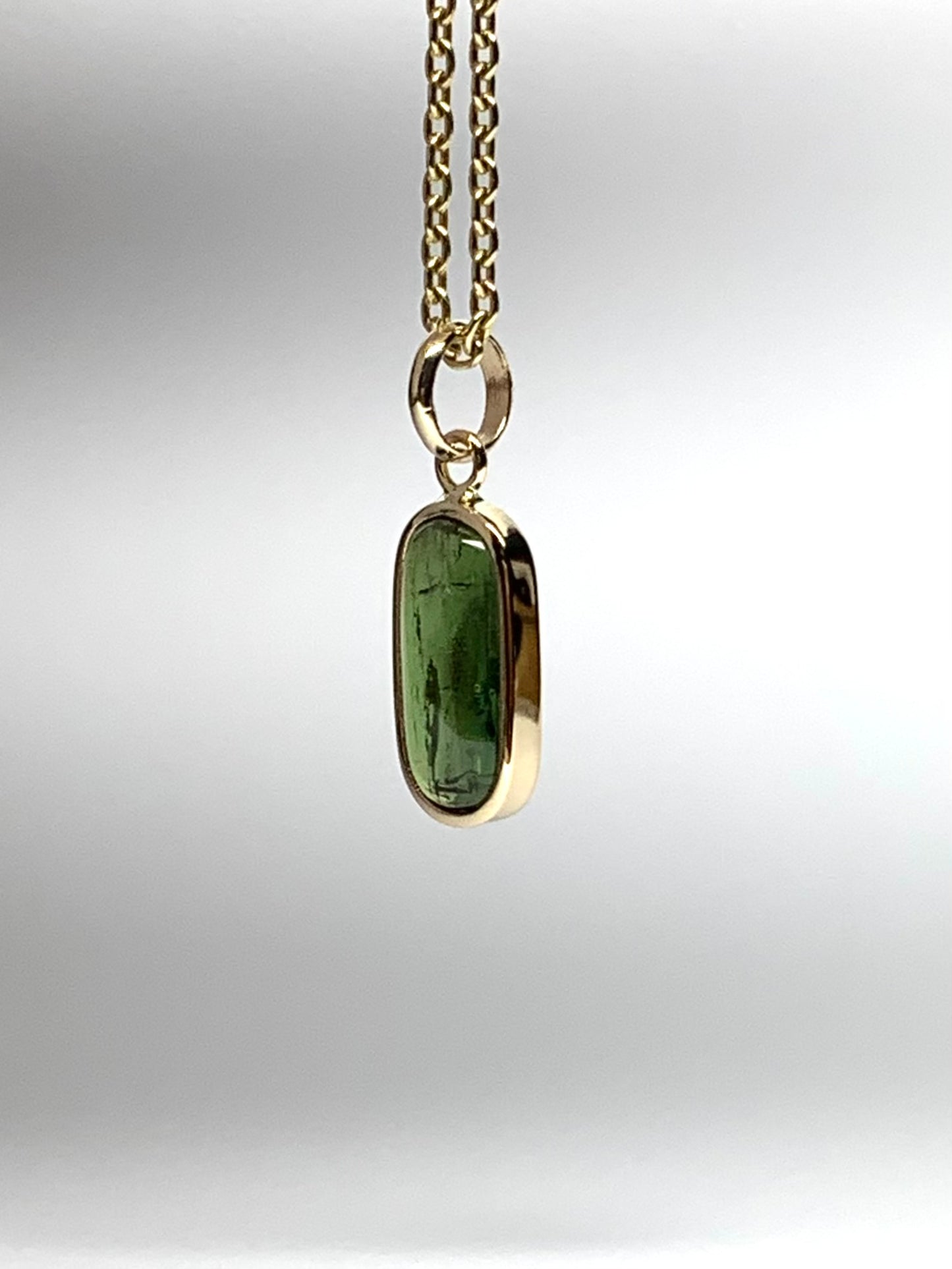 14k Solid Yellow Gold, Natural Green Tourmaline Cabochon Tiny Pendant