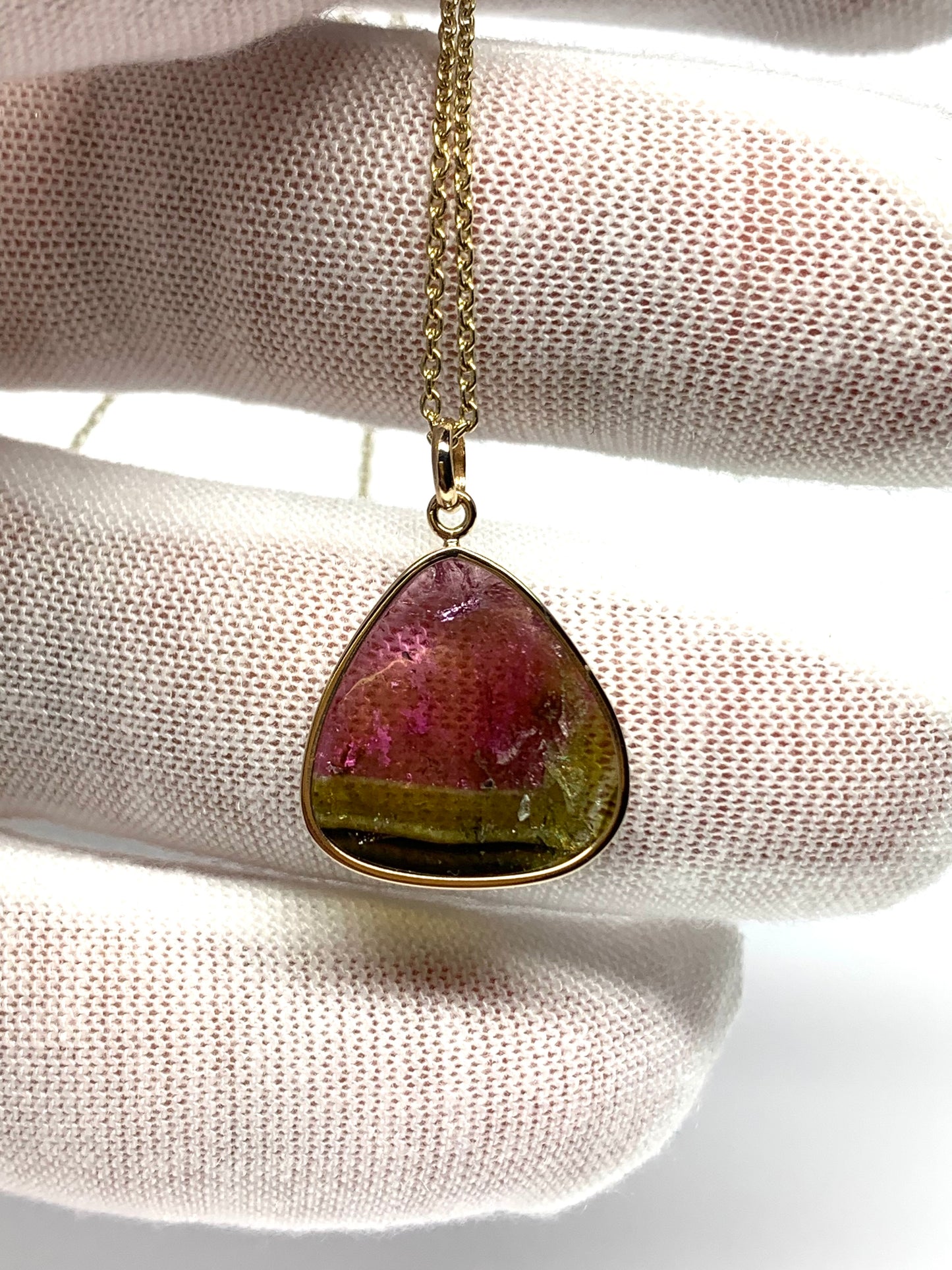 14k Solid Yellow Gold, Natural Pink Green Tourmaline Pendant