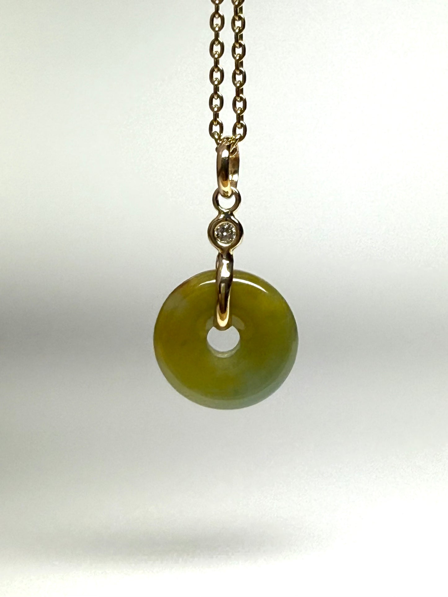 14k Solid Yellow Gold, White Diamond, Pale Green Jade “Donut” Pendant, Tiny Size