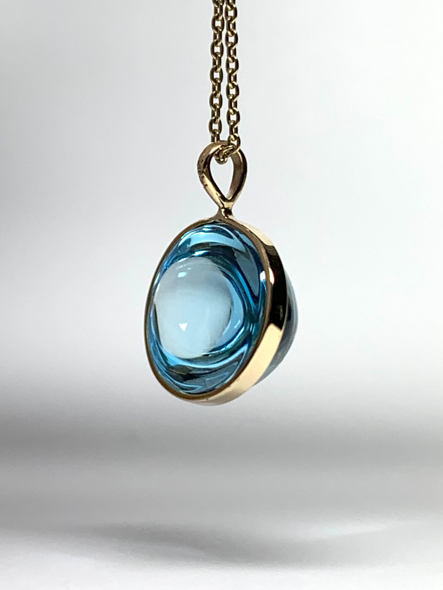14k Solid Yellow Gold, Blue Topaz Oval Cabochon Pendant, Small Size