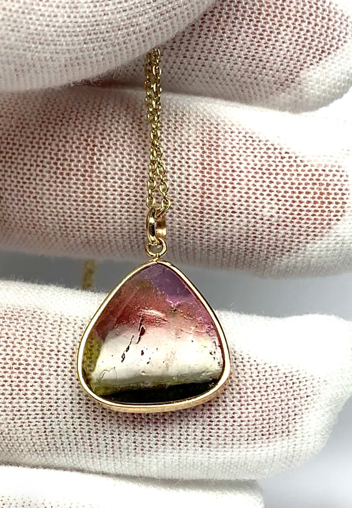 14k Solid Yellow Gold, Natural Pink Green Tourmaline Pendant