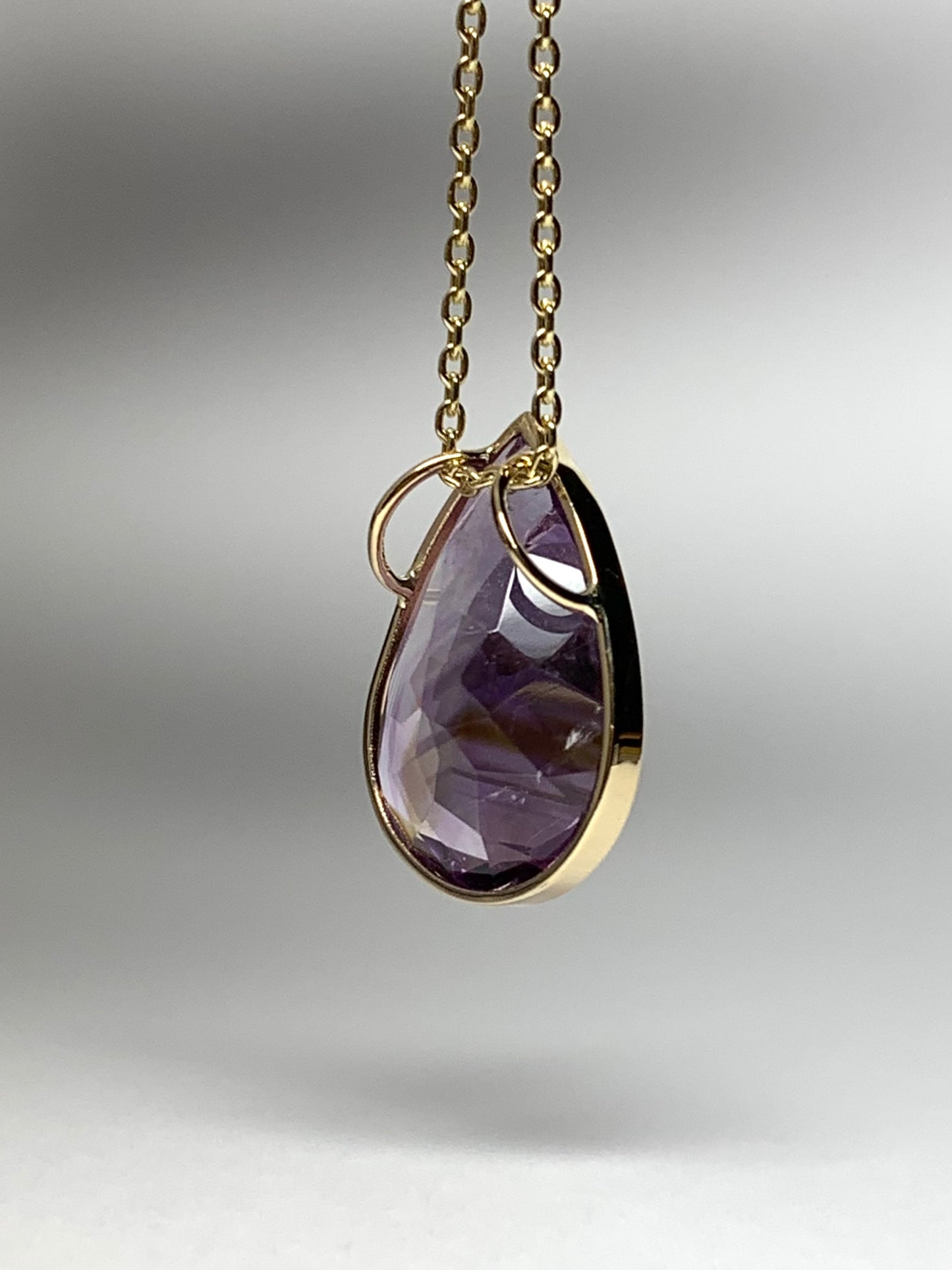 14k Solid Yellow Gold, Purple Amethyst Slider Pendant, Pear Shaped